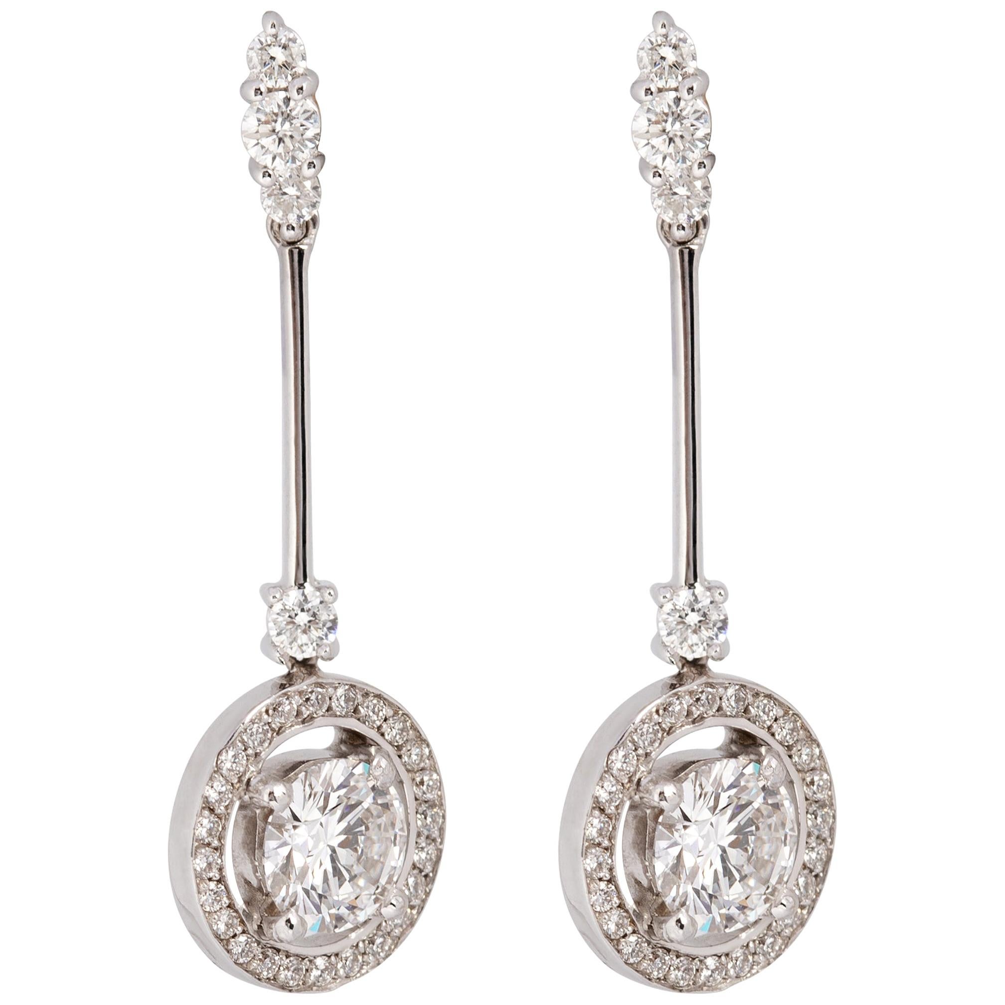 Gems Are Forever Art Deco Style 1.5 Ct Round Diamond Halo Drop Earrings For Sale