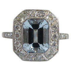 Art Deco Style 1.50 Carat Aquamarine and Diamond Cluster Ring in Platinum