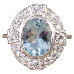 Art Deco Style 1.50 Carat Aquamarine and Diamond Cross Cluster Ring in Platinum