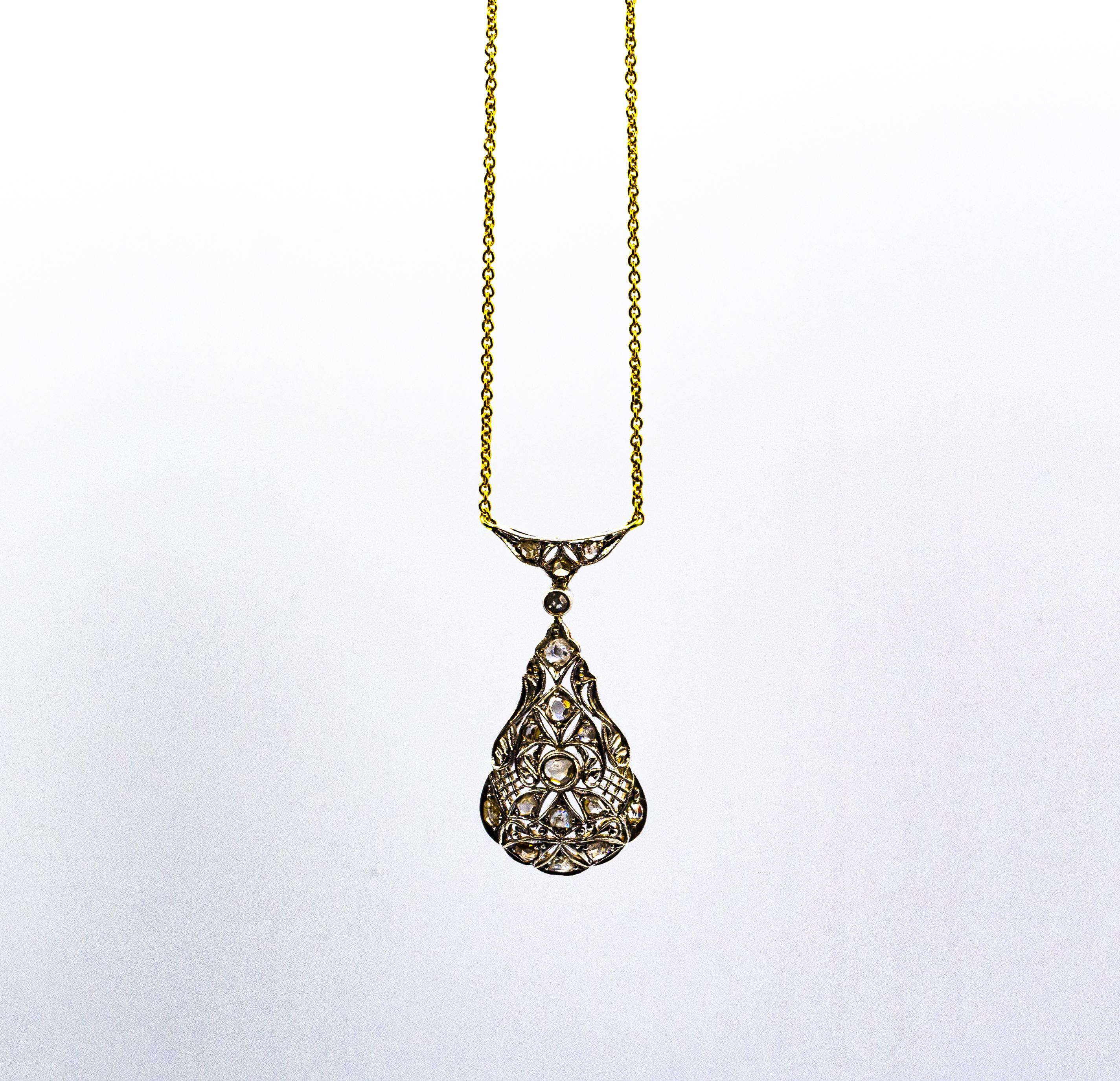 Art Deco Style 1.50 Carat White Rose Cut Diamond Yellow Gold Pendant Necklace In New Condition In Naples, IT
