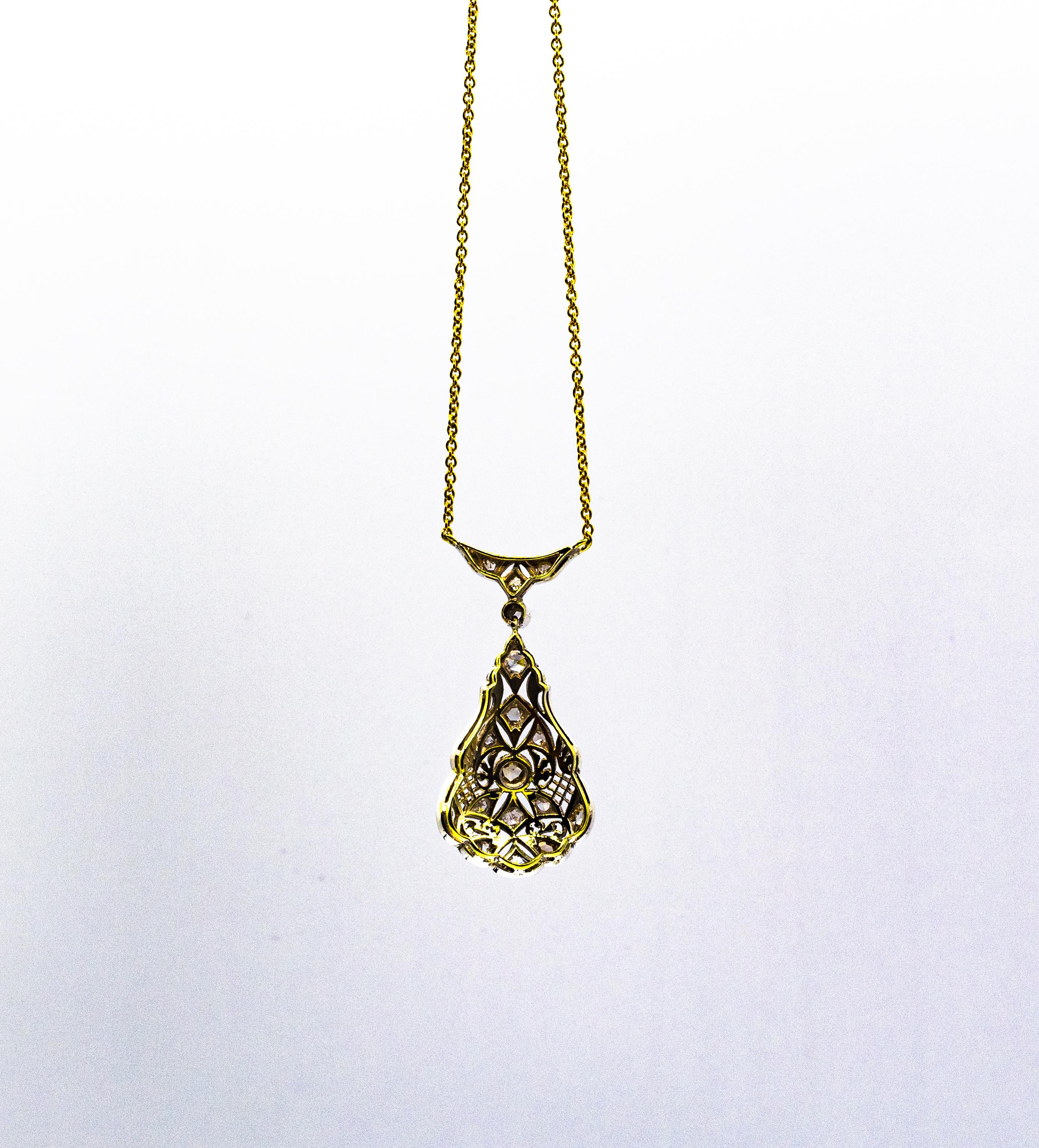 Women's or Men's Art Deco Style 1.50 Carat White Rose Cut Diamond Yellow Gold Pendant Necklace