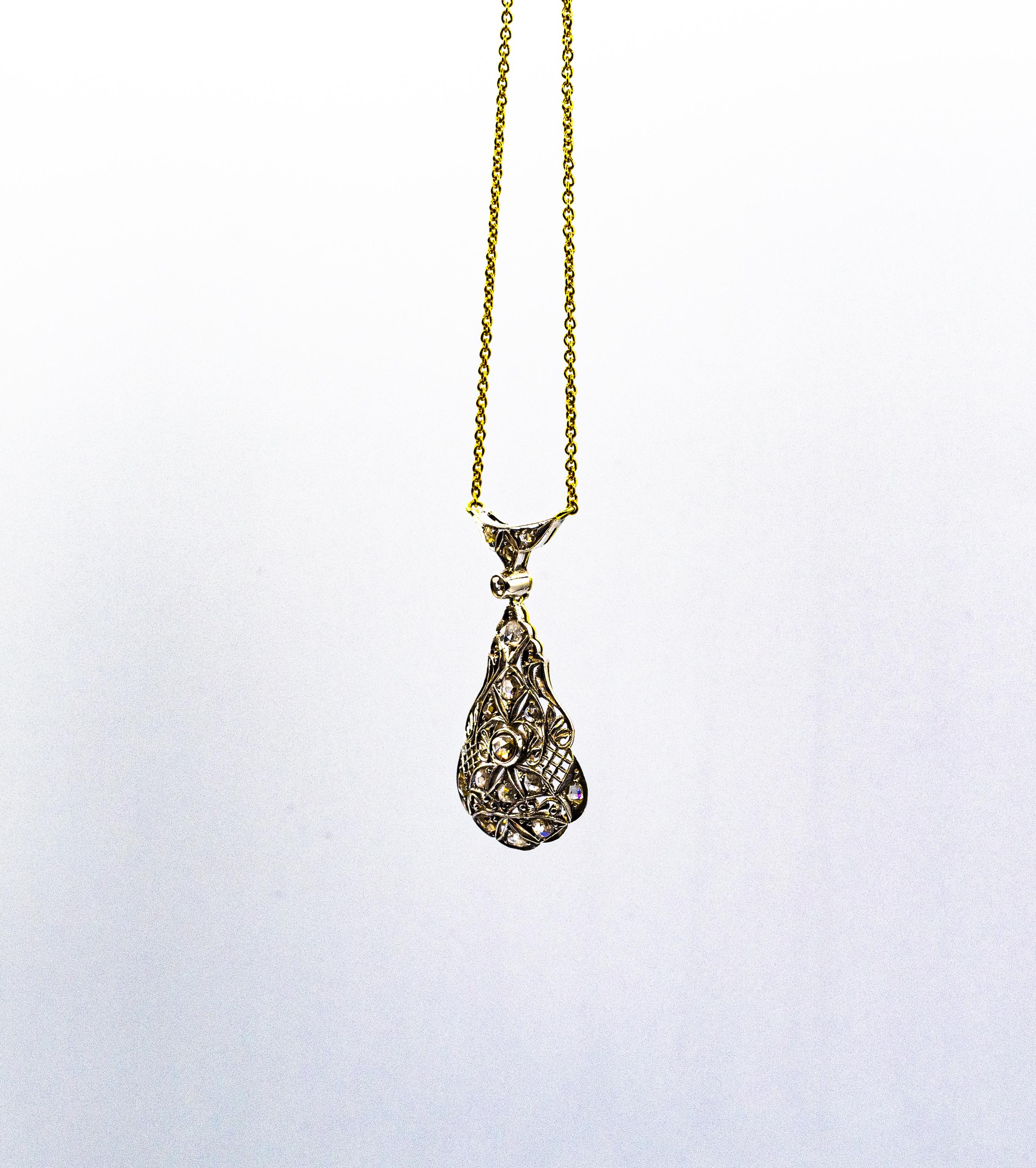 Art Deco Style 1.50 Carat White Rose Cut Diamond Yellow Gold Pendant Necklace 1