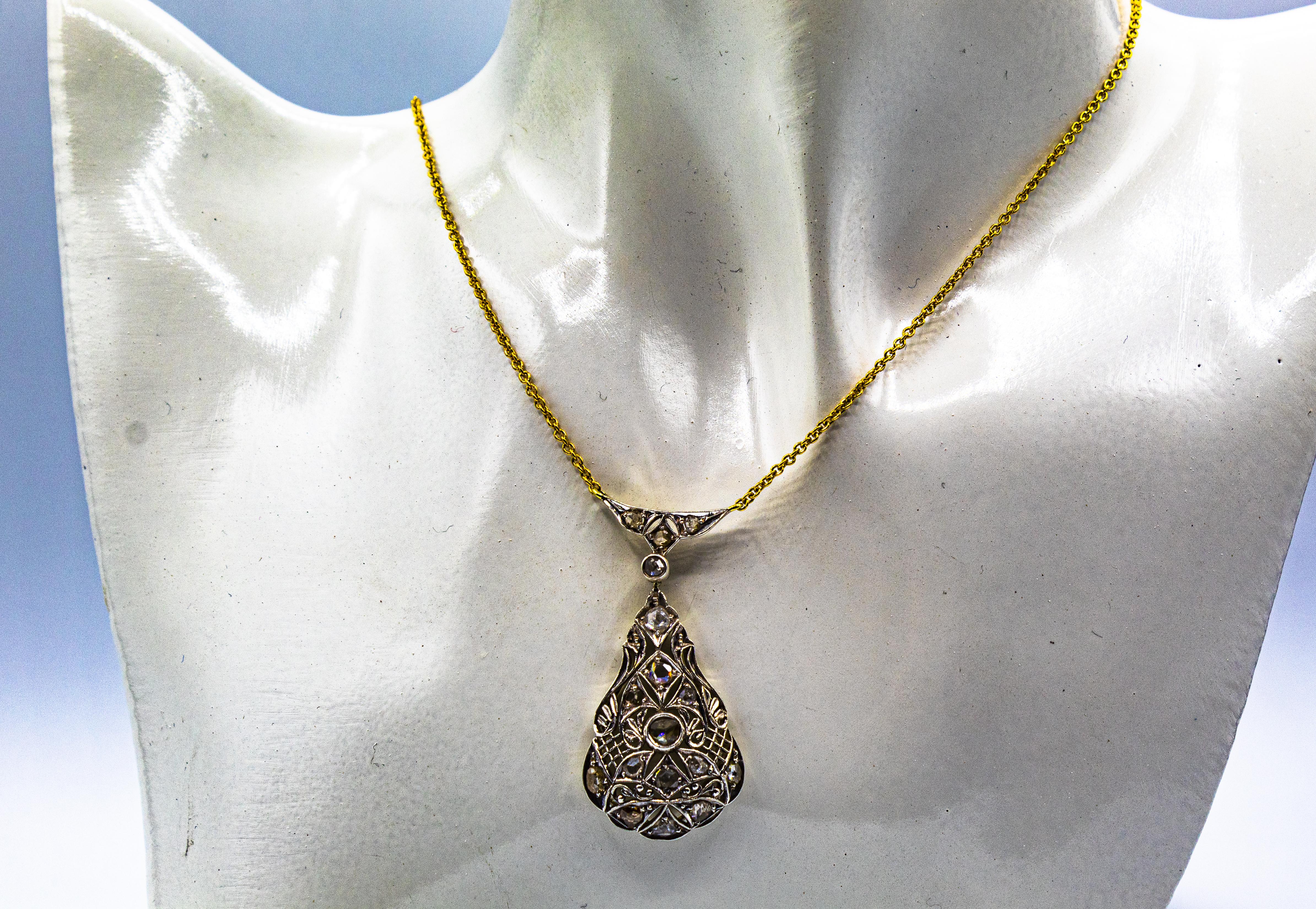 Art Deco Style 1.50 Carat White Rose Cut Diamond Yellow Gold Pendant Necklace 4