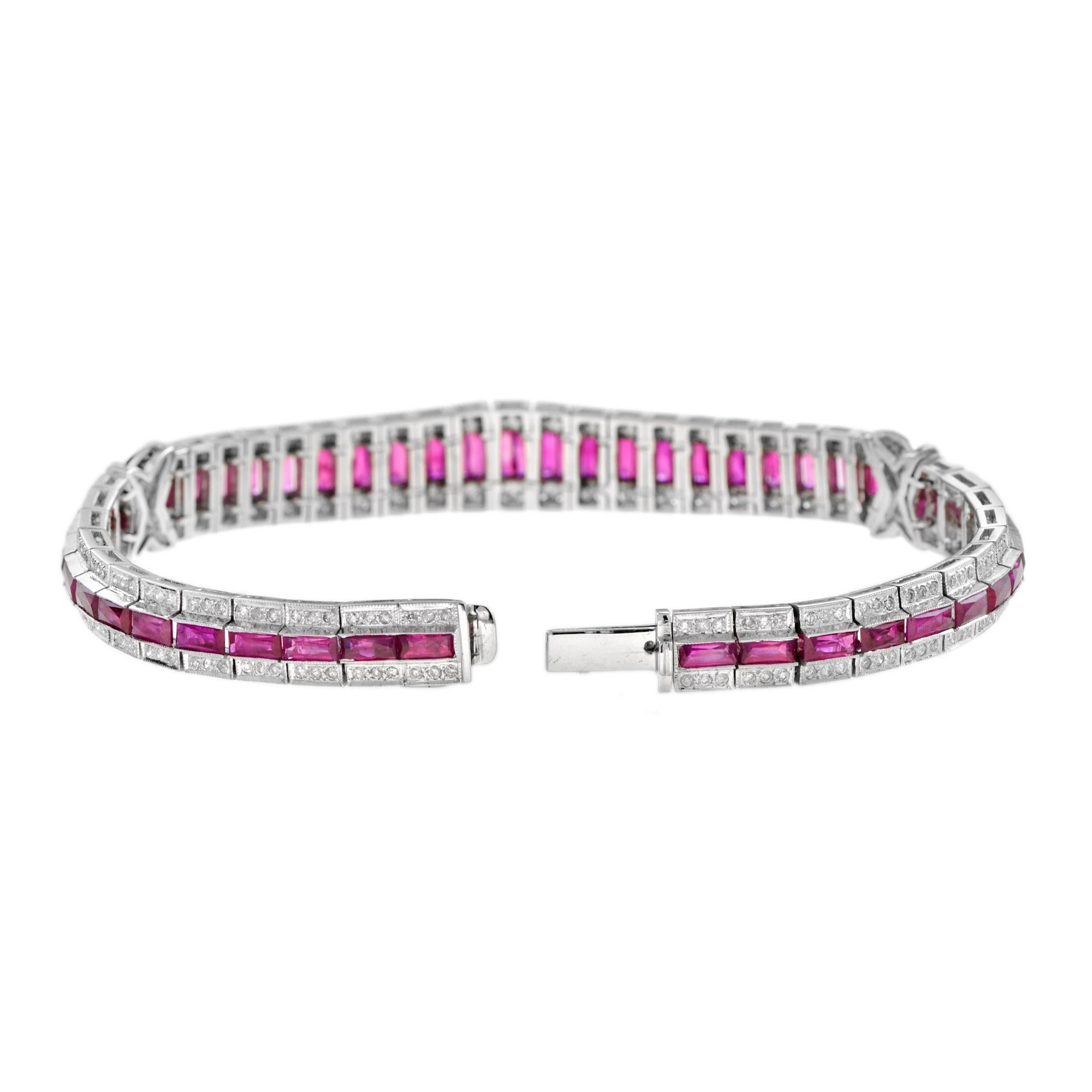 Art Deco Style 15.04 Ct. Ruby and Diamond Bracelet in 18K White Gold In New Condition In Bangkok, TH