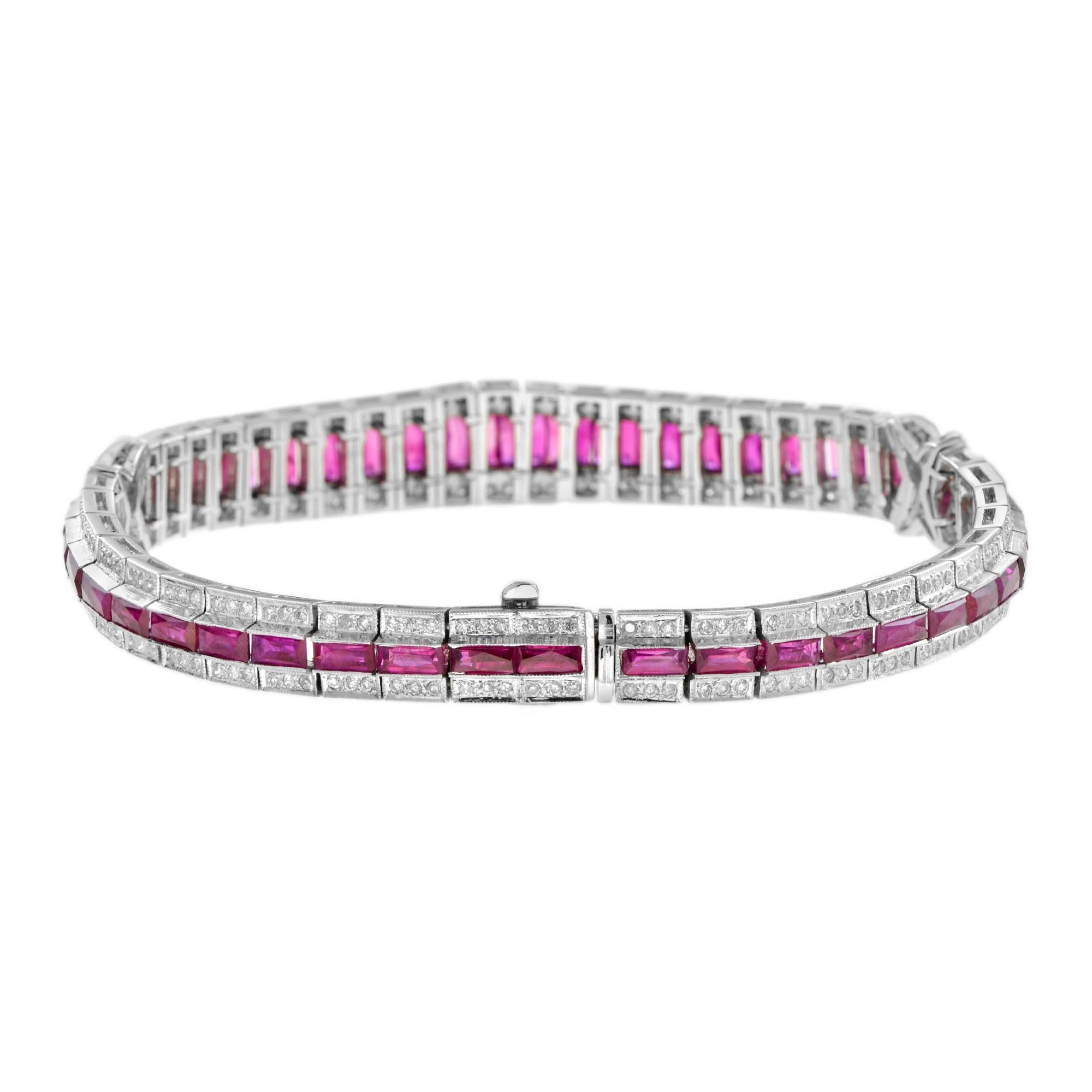 This stunning Art Deco Style ruby and diamond18k white gold link bracelet features 242 round brilliant cut diamonds. 66 rectangular French cut rubies break up the two sections of diamonds, adding a beautiful design and pop of bright color! A truly