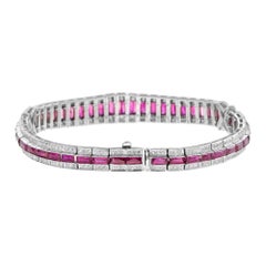 Art Deco Style 15.04 Ct. Ruby & Diamond Baguette Tennis 18K White Gold Bracelet