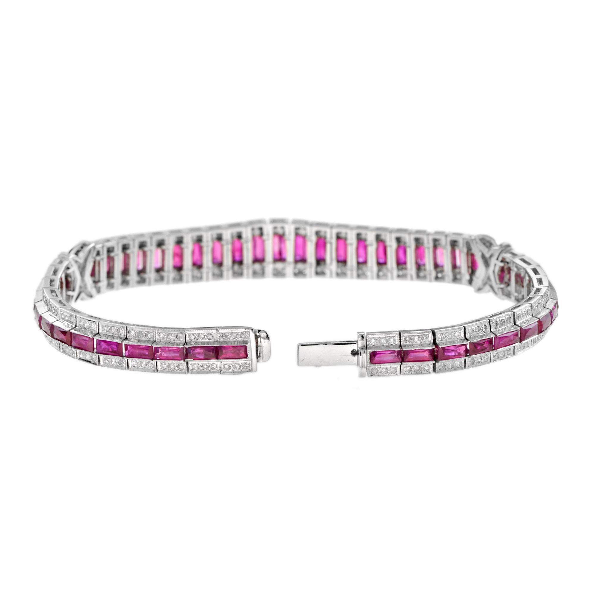 Art Déco Art Deco Style 15.04 Ct. Ruby & Diamond Baguette Tennis 18K White Gold Bracelet in vendita