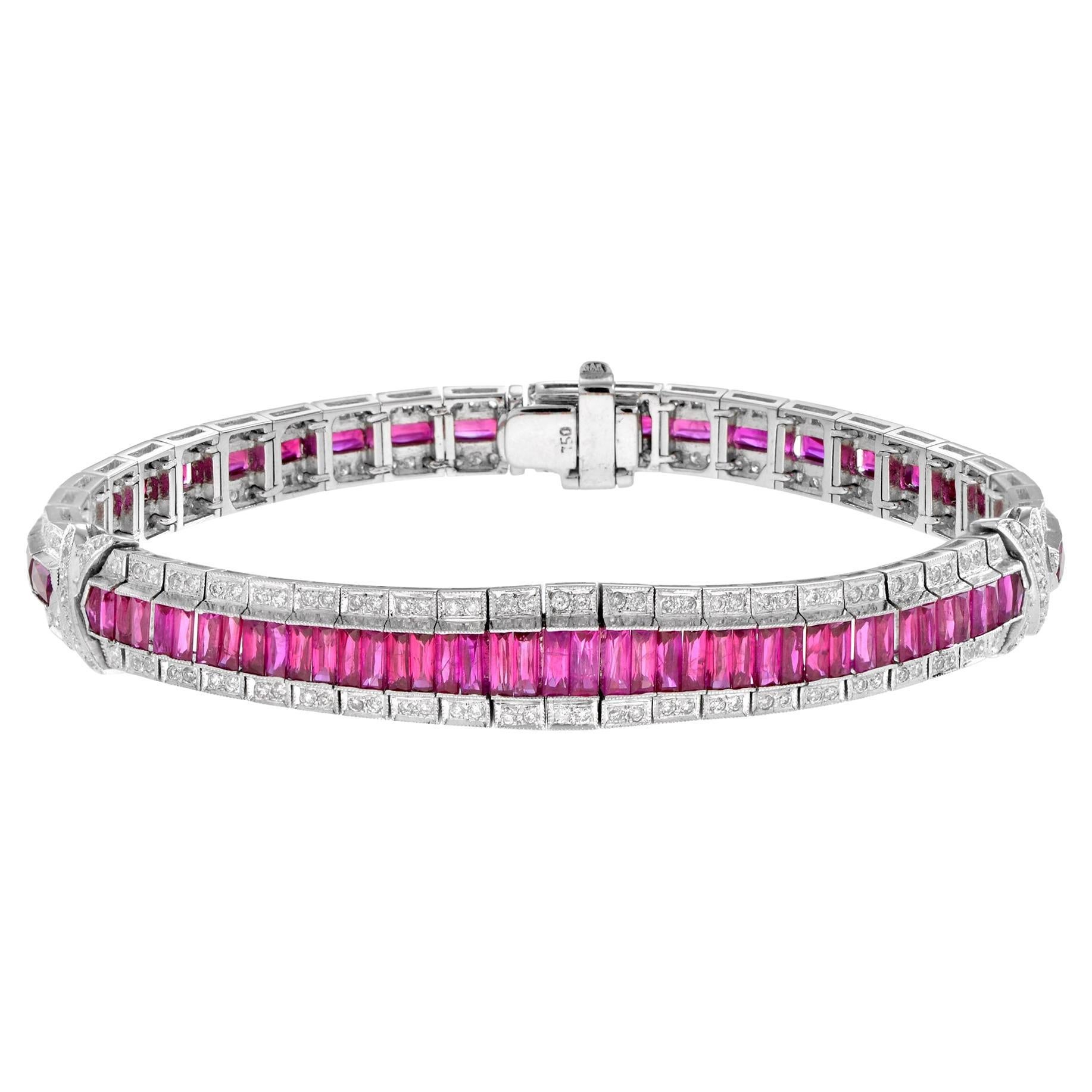 Art Deco Style 15.04 Ct. Ruby & Diamond Baguette Tennis 18K White Gold Bracelet