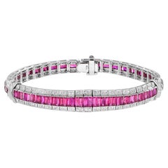 Art Deco Style 15.04 Ct. Ruby & Diamond Baguette Tennis 18K White Gold Bracelet