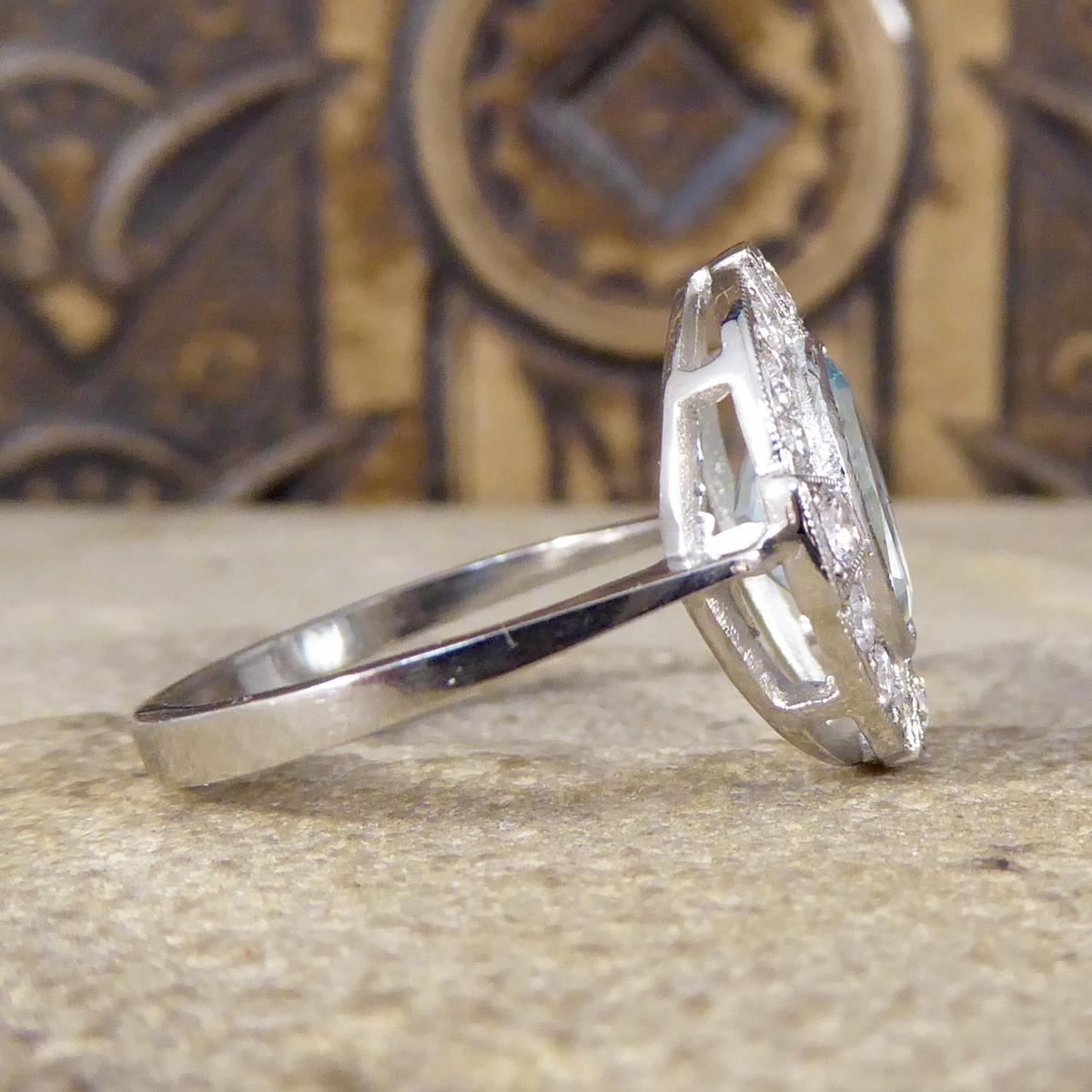 Round Cut Art Deco Style 1.50 Carat Aquamarine and Diamond Cross Cluster Ring in Platinum