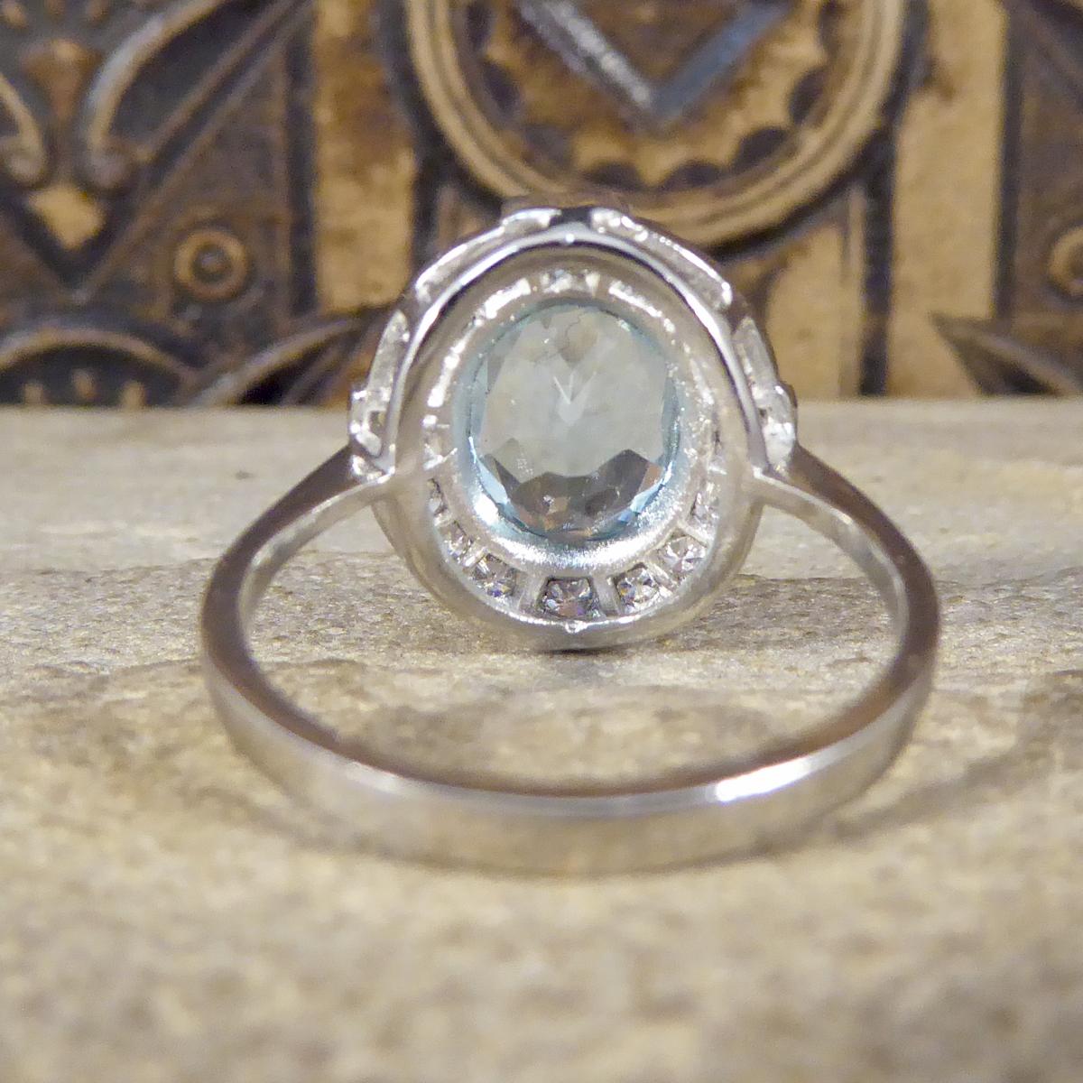 Art Deco Style 1.50 Carat Aquamarine and Diamond Cross Cluster Ring in Platinum In Good Condition In Yorkshire, West Yorkshire