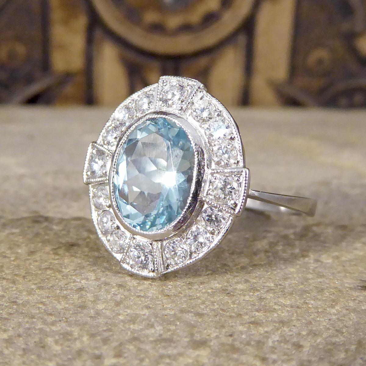 Women's or Men's Art Deco Style 1.50 Carat Aquamarine and Diamond Cross Cluster Ring in Platinum