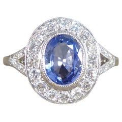 Art Deco Style 1.50ct Sapphire and Diamond Cluster Ring with Diamond Shoulders
