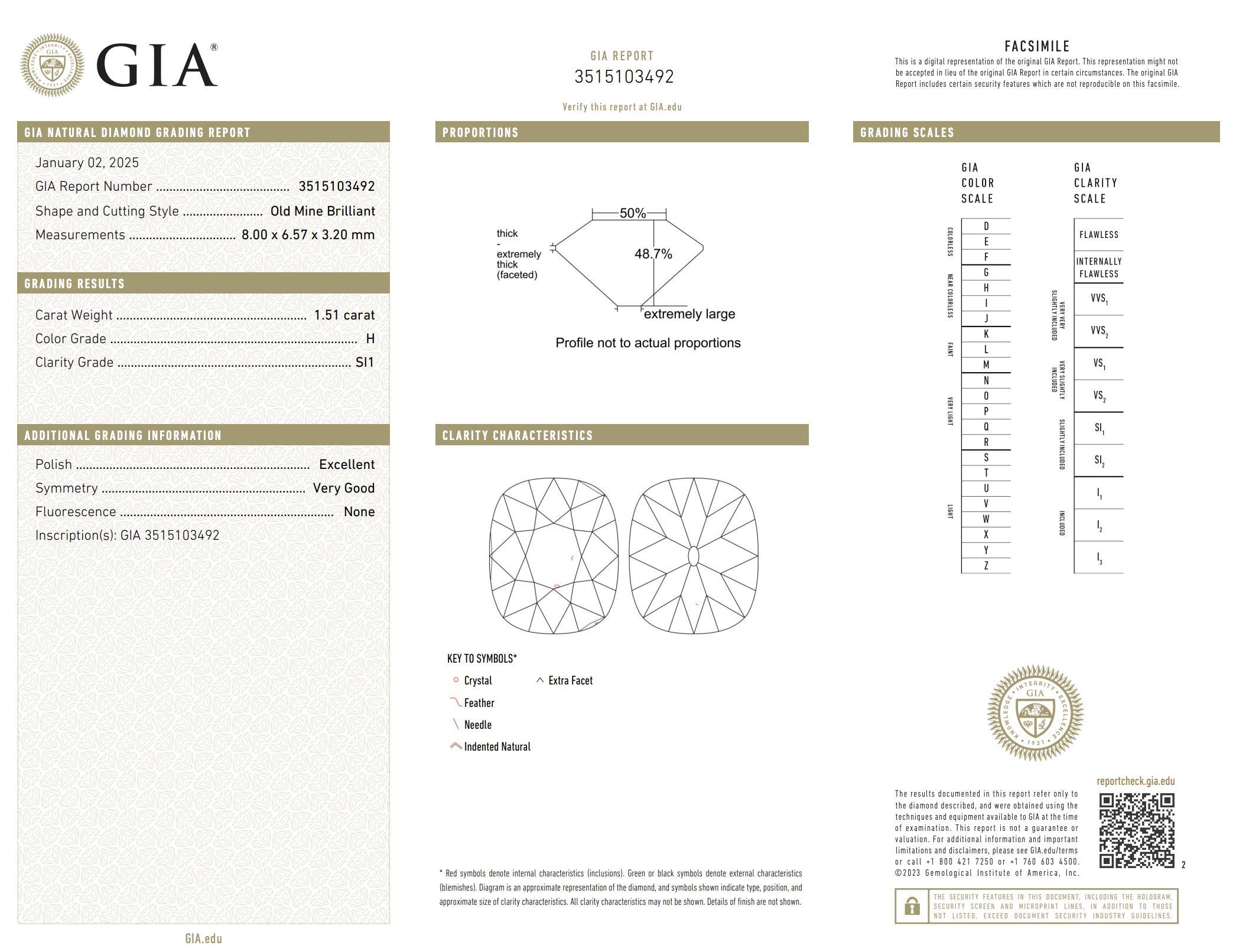 Art Deco style 1.51 carat GIA cushion cut diamond platinum engagement ring im Angebot 1