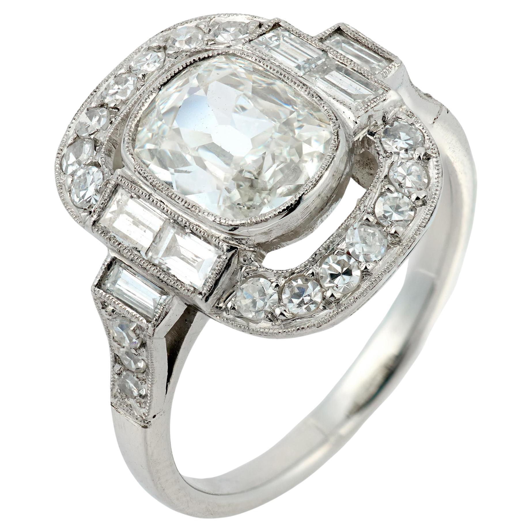 Art Deco style 1.51 carat GIA cushion cut diamond platinum engagement ring