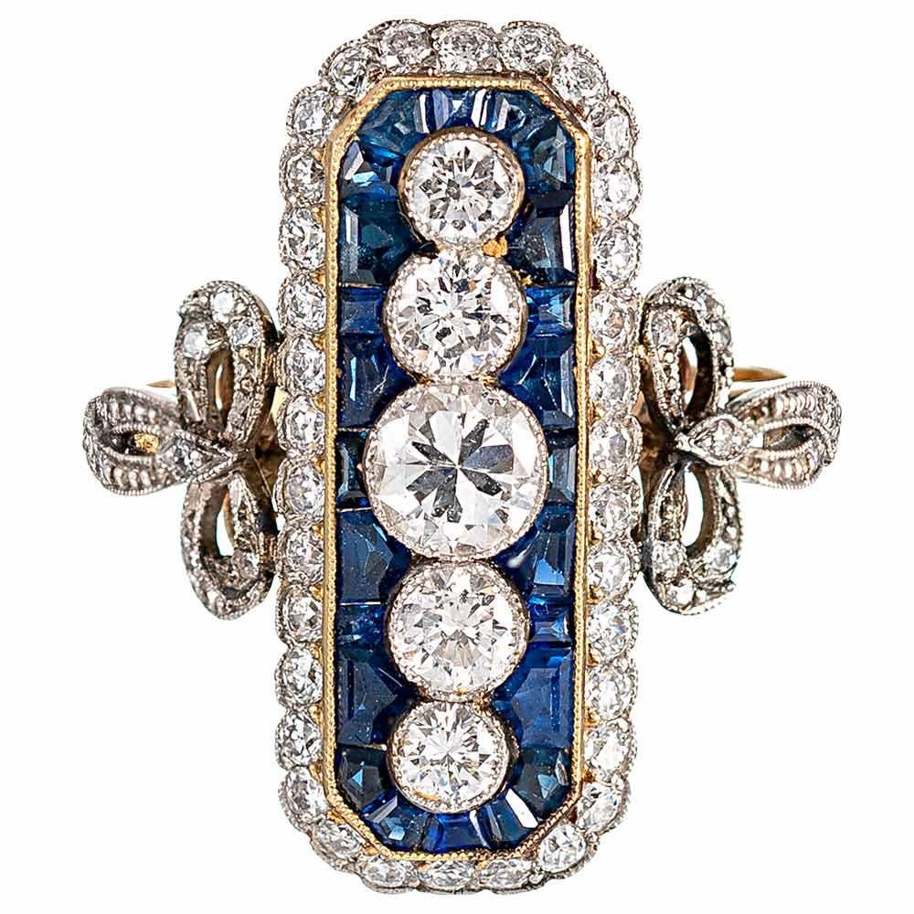 Art Deco Style 1.52 Carat Diamond and Sapphire Plaque Ring