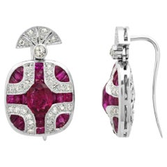 Art Deco Style 1.55 Carat Ruby 0.48 Carat Diamond Platinum Drop Dangle Earrings