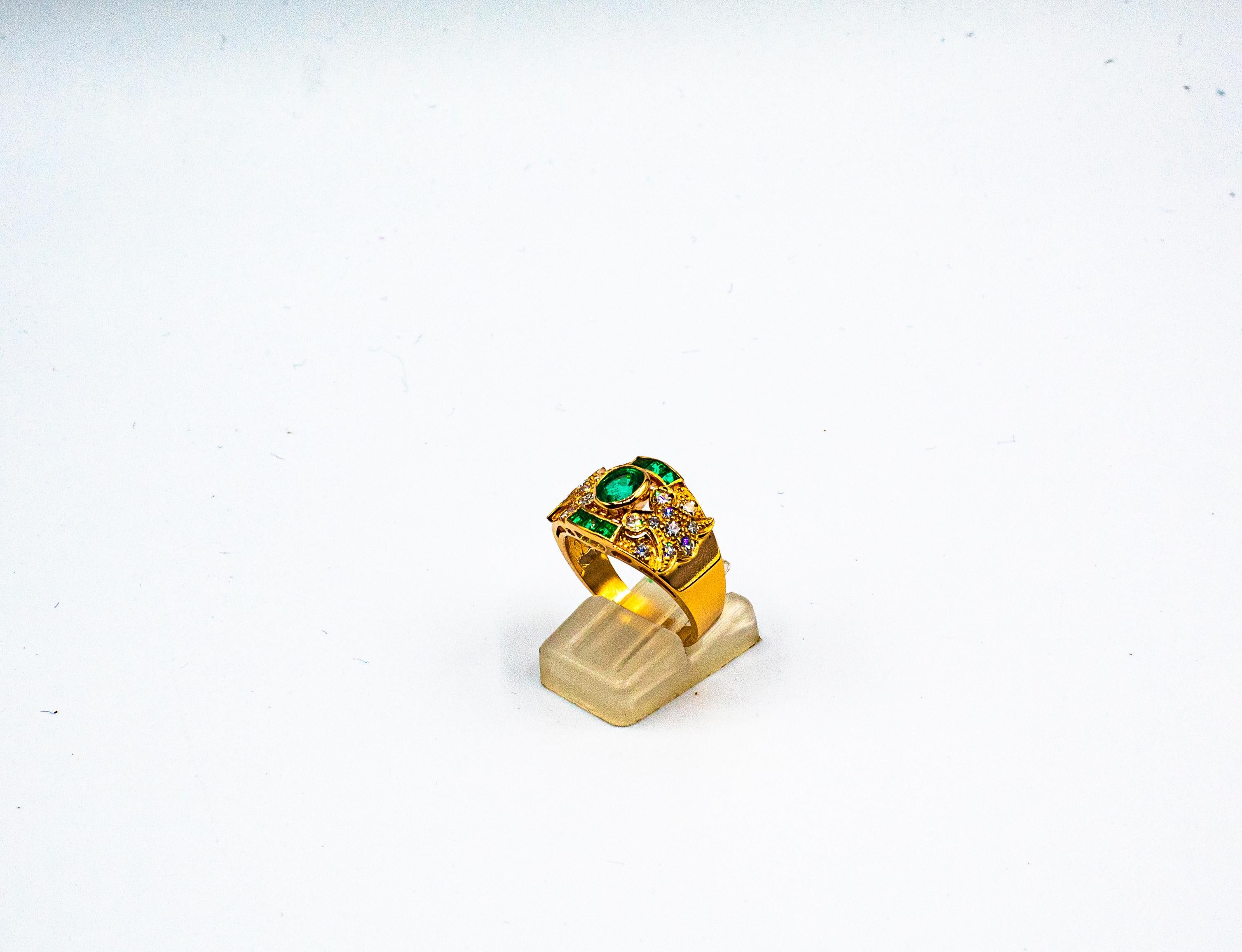 Art Deco Style 1.56 Carat Emerald White Diamond Yellow Gold Cocktail Ring In New Condition For Sale In Naples, IT