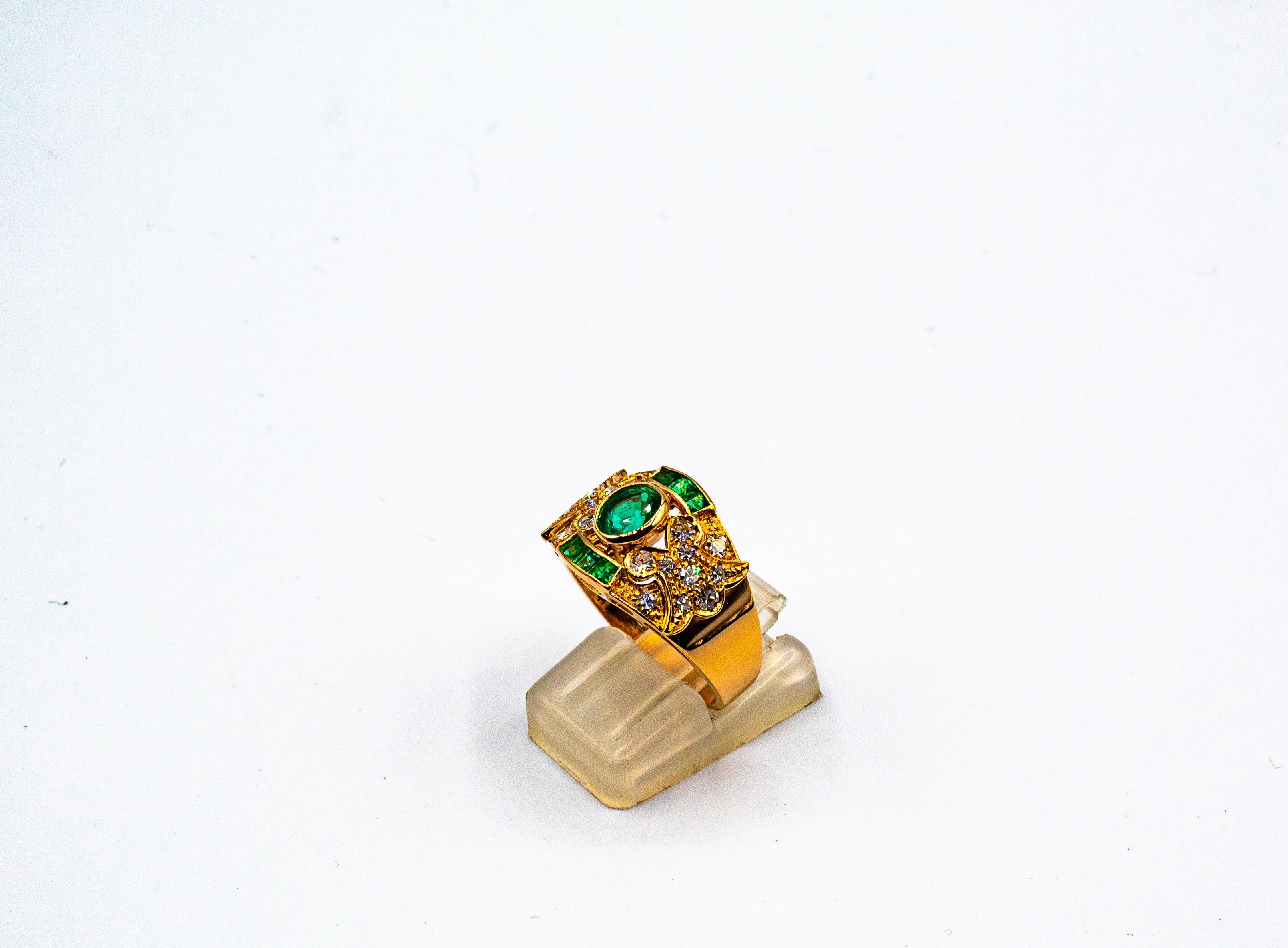 Women's or Men's Art Deco Style 1.56 Carat Emerald White Diamond Yellow Gold Cocktail Ring For Sale