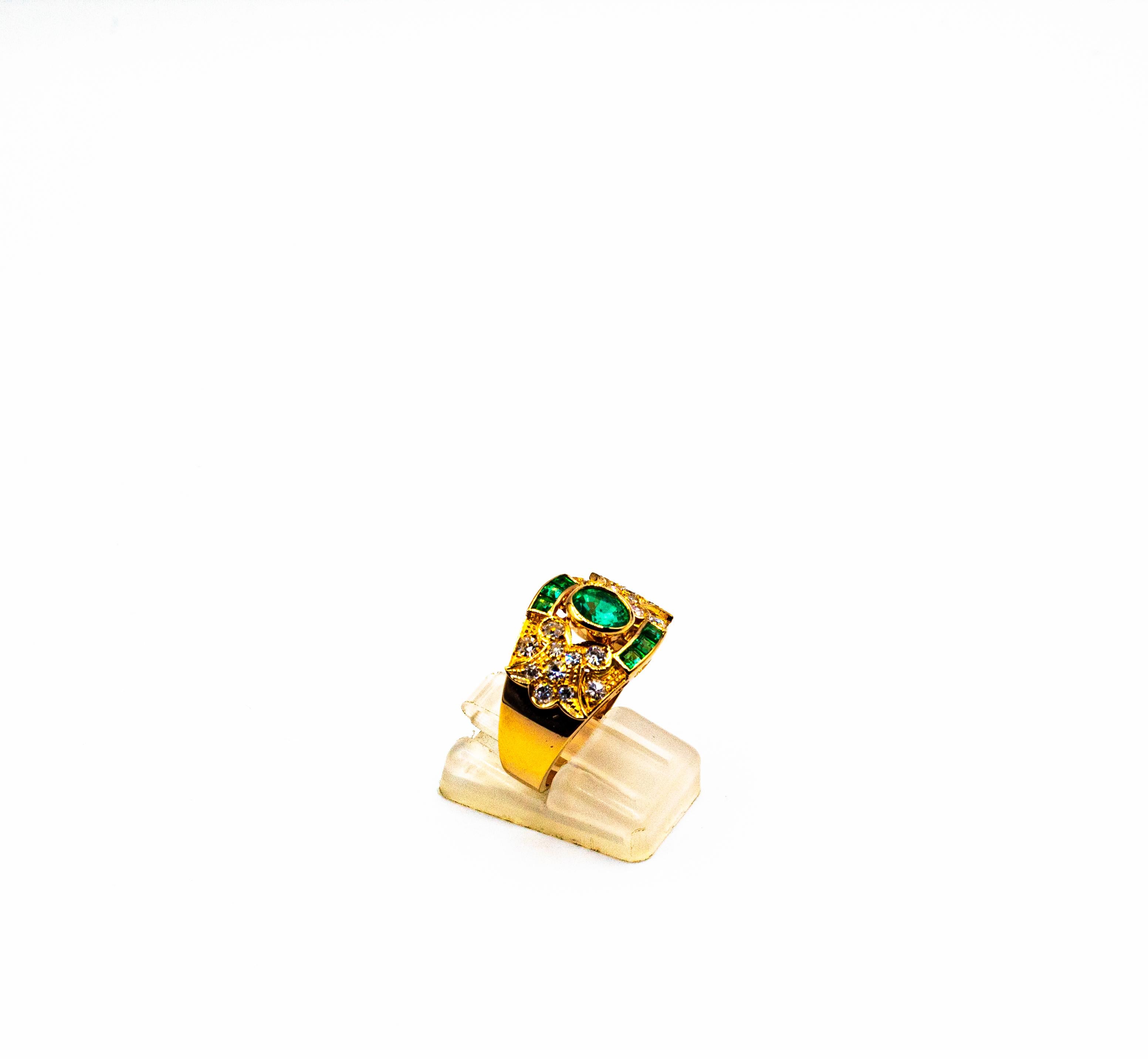 Art Deco Style 1.56 Carat Emerald White Diamond Yellow Gold Cocktail Ring For Sale 2