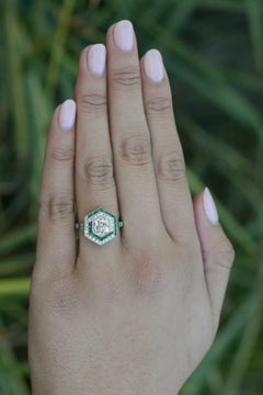 Art Deco Style 1.59 Carat Old Mine Diamond Emerald Engagement Ring