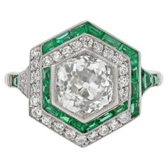 Art Deco Style 1.59 Carat Old Mine Diamond Emerald Engagement Ring