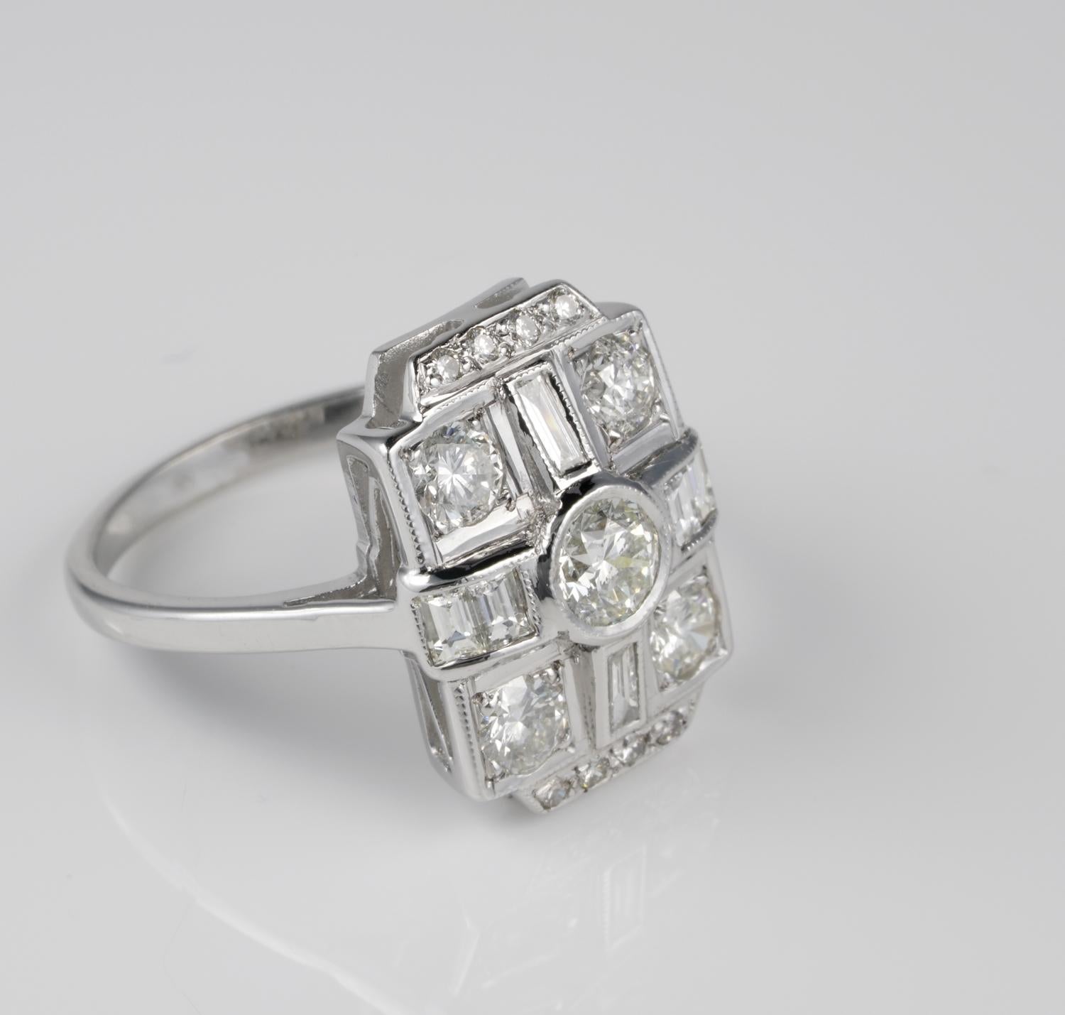 Supreme Sparkle!
Spectacular mid century vintage ring very much Art Deco inspired in style
Superbly hand crafted of solid 18 KT white gold in fantastic, impressive design articulated with rich Diamond setting, comprising a selection of various