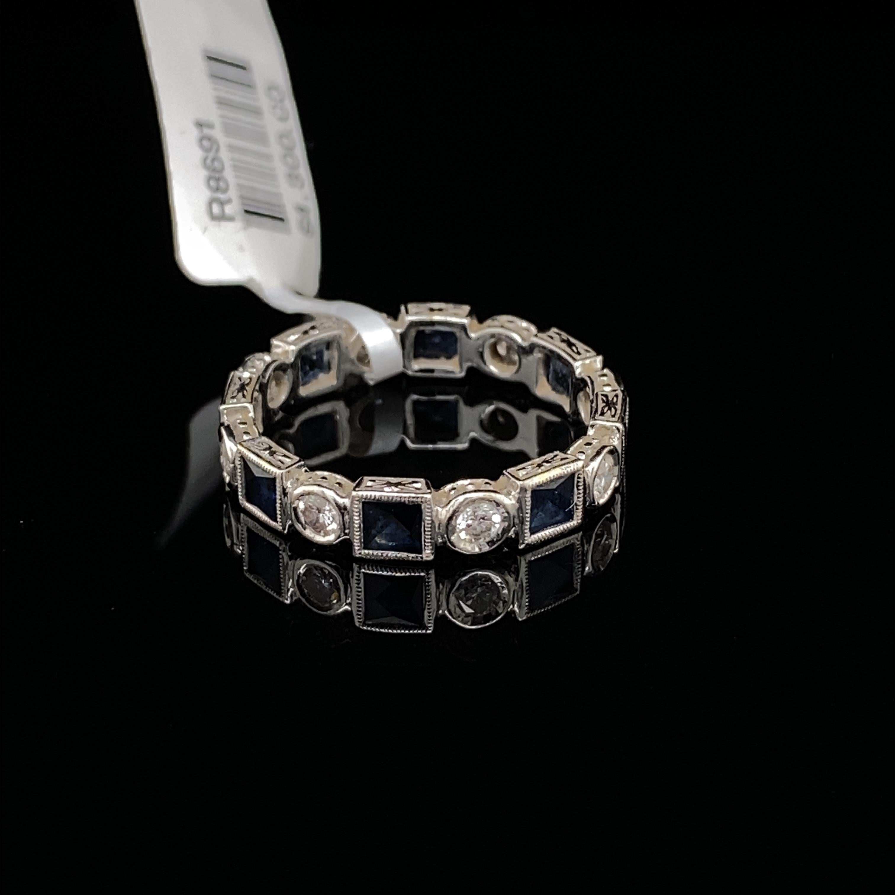 Baguette Cut Art Deco Style 1.62Ctt Sapphire & Diamond Eternity Band 18k White Gold Size 6