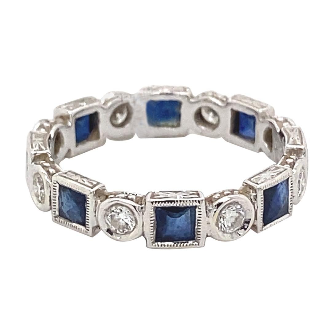 Art Deco Style 1.62Ctt Sapphire & Diamond Eternity Band 18k White Gold Size 6