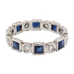 Art Deco Style 1.62Ctt Sapphire & Diamond Eternity Band 18k White Gold Size 6