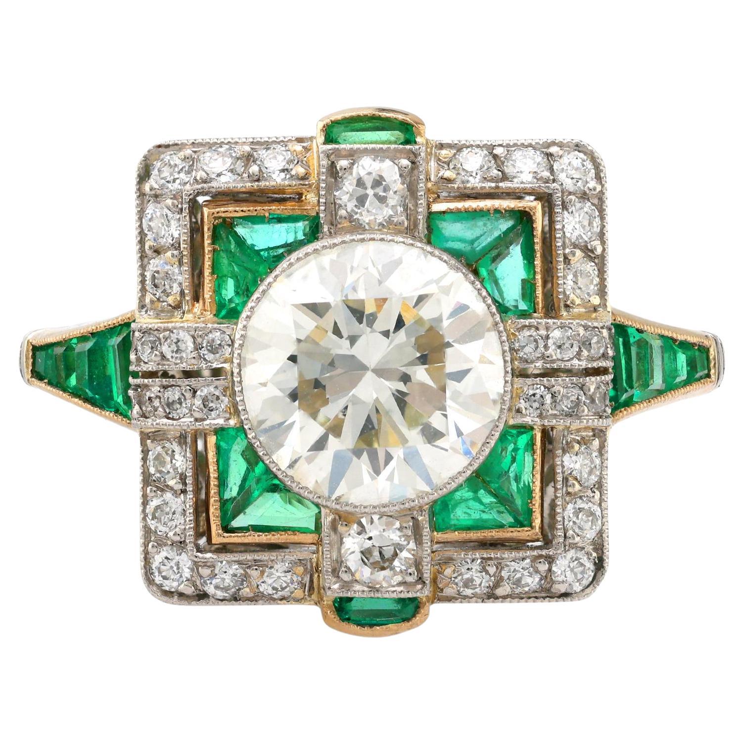 Art Deco style 1.64 carat diamond emerald platinum square ring