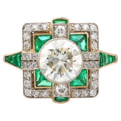Art Deco style 1.64 carat diamond emerald platinum square ring