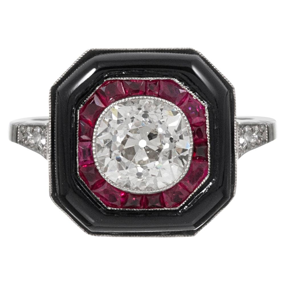 Art Deco Style 1.64 Carat Old European Cut Diamond, Ruby and Onyx Ring