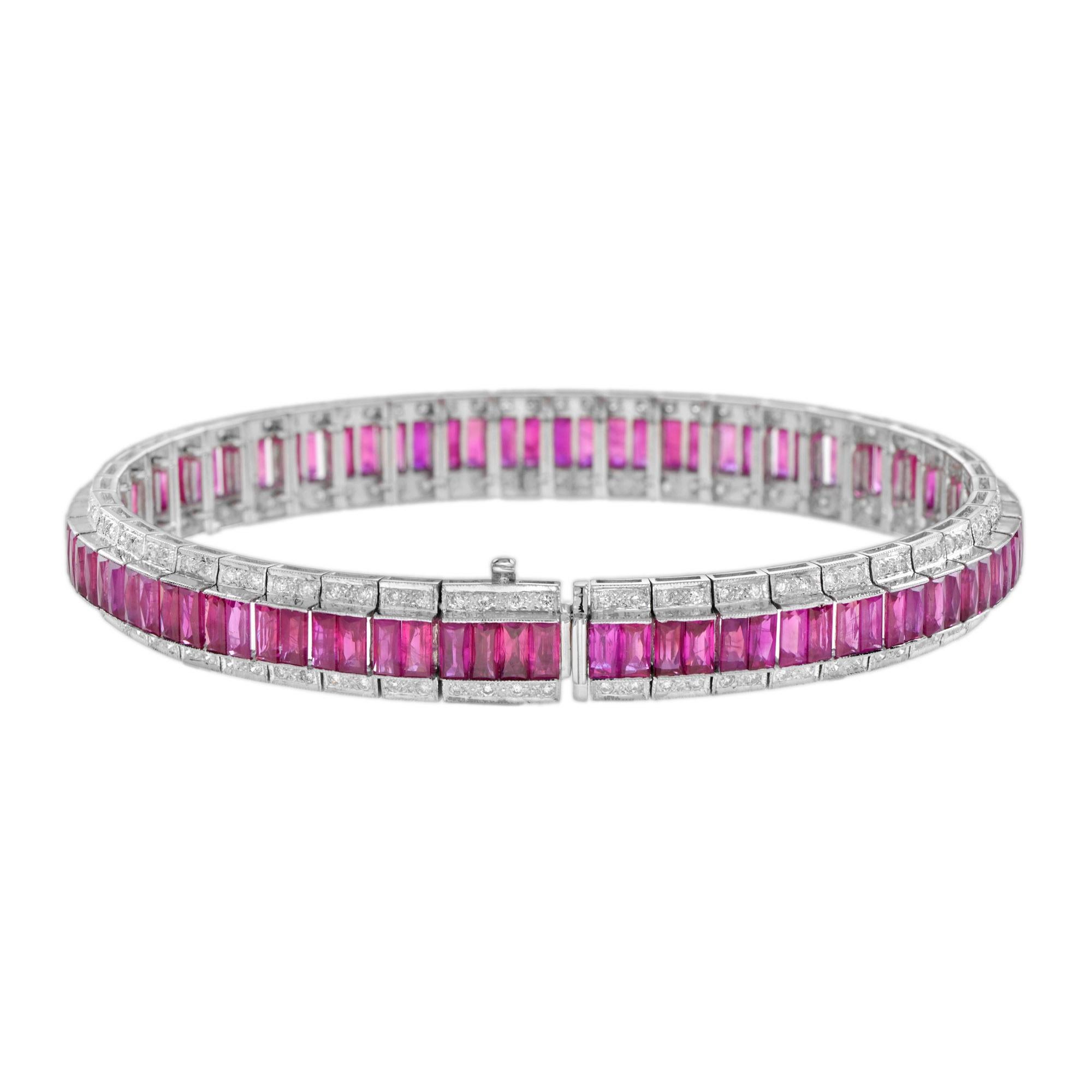 French Cut Art Deco Style 16.69 Ct. Ruby and Diamond Bracelet in 18K White Gold
