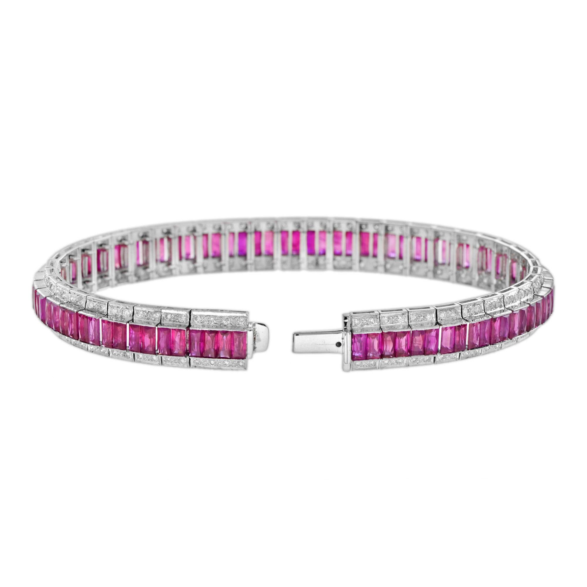 Art Deco Style 16.69 Ct. Ruby and Diamond Bracelet in 18K White Gold In New Condition In Bangkok, TH