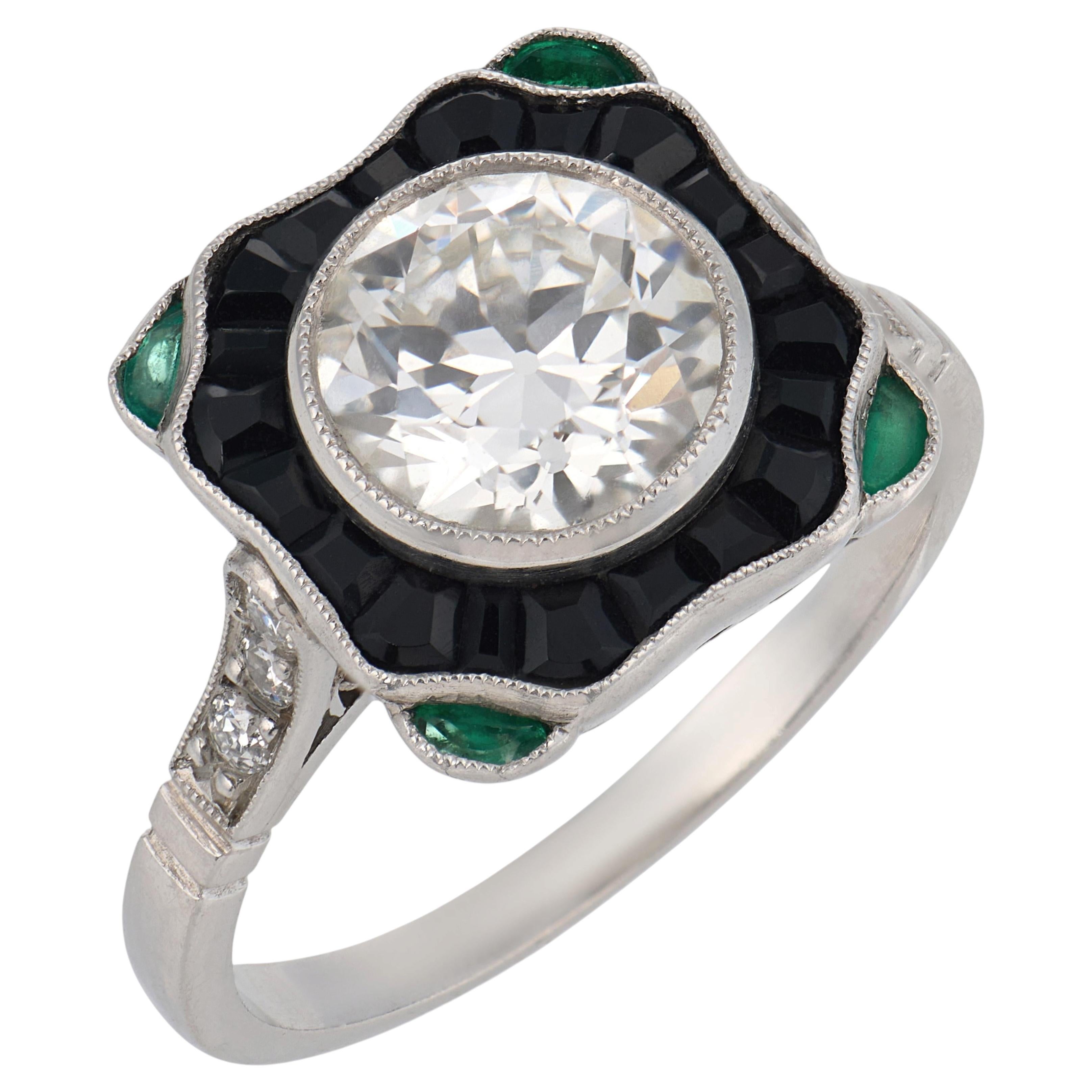Art Deco style 1.68 carat old European cut diamond onyx emerald platinum ring