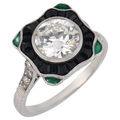 Art Deco style 1.68 carat old European cut diamond onyx emerald platinum ring
