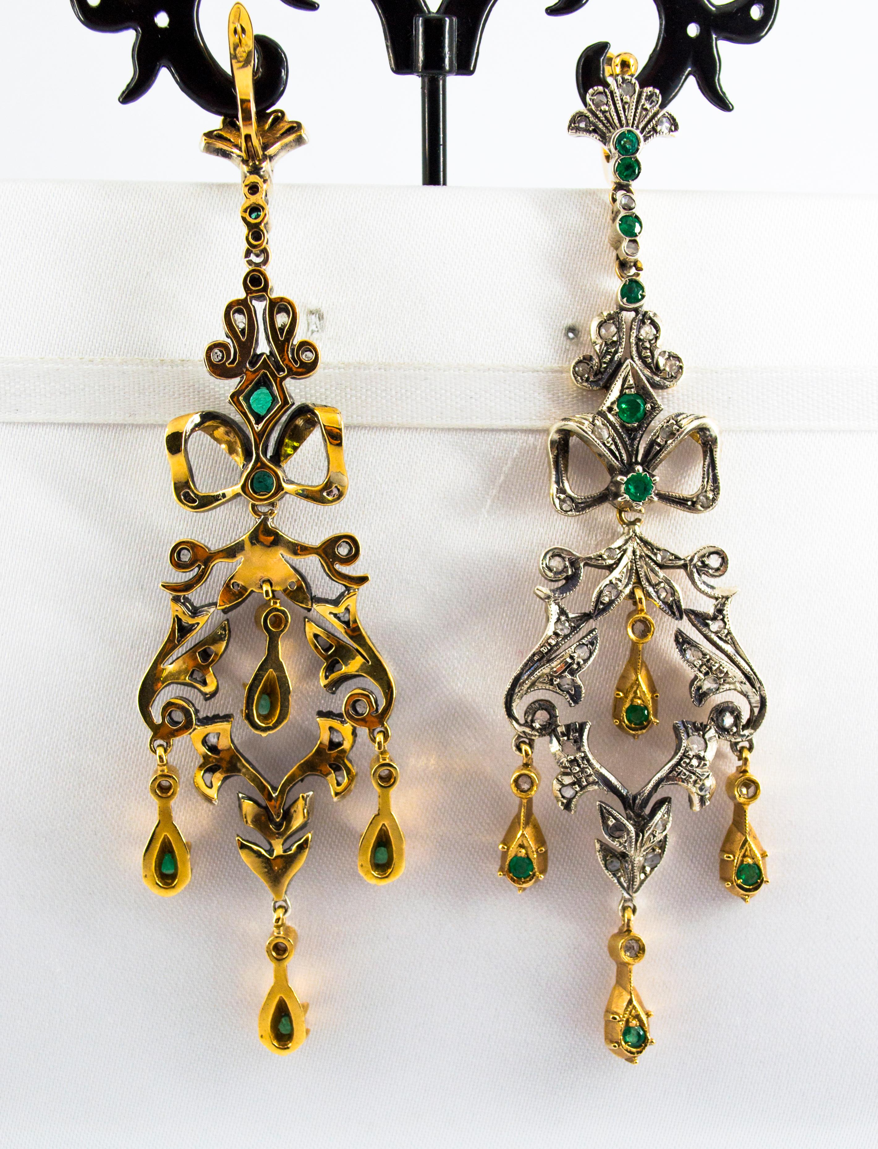 Taglio a rosa Orecchini a leva in oro giallo con smeraldo e diamante bianco da 1.70 carati in stile Art Deco in vendita