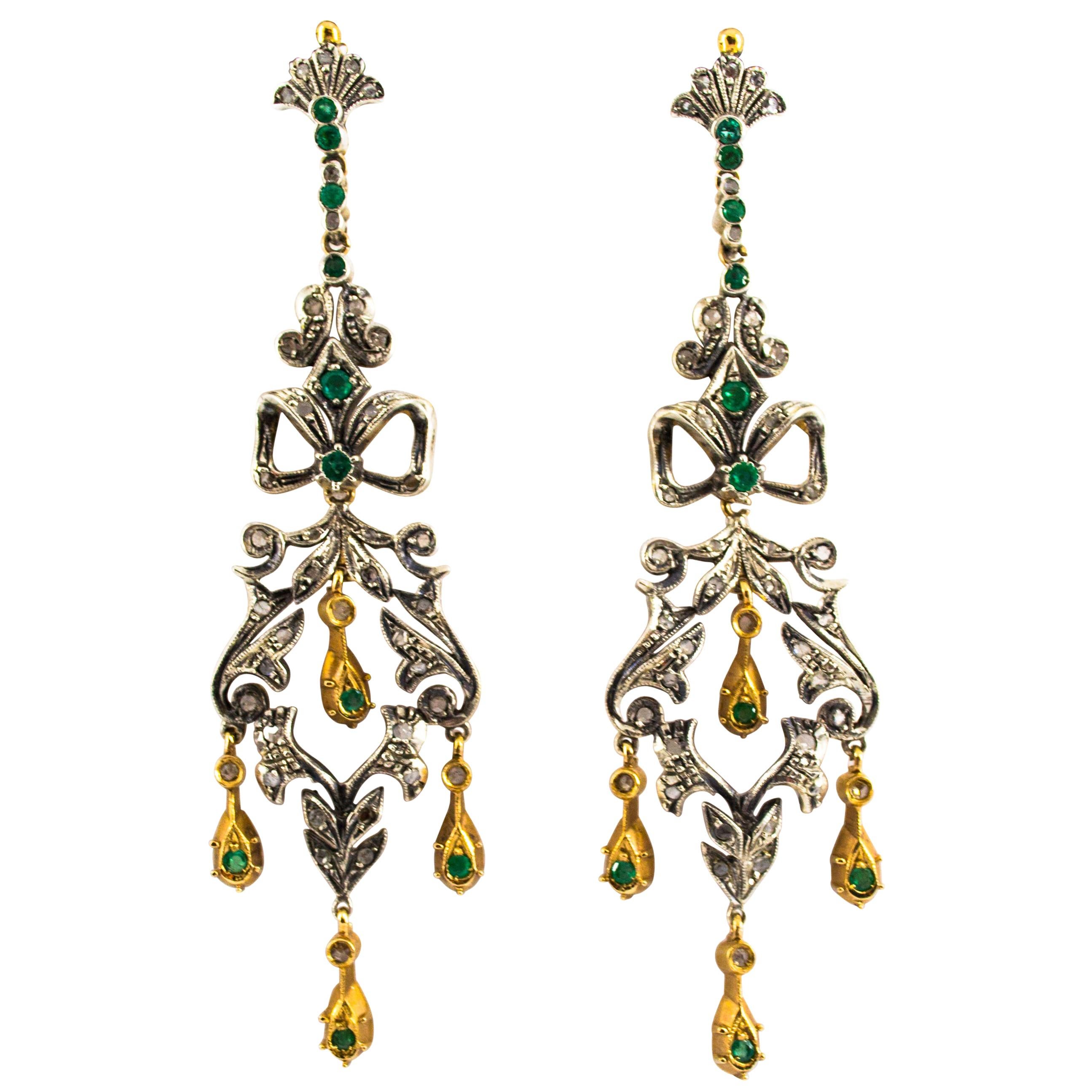 Art Deco Style 1.70 Carat White Diamond Emerald Yellow Gold Lever-Back Earrings