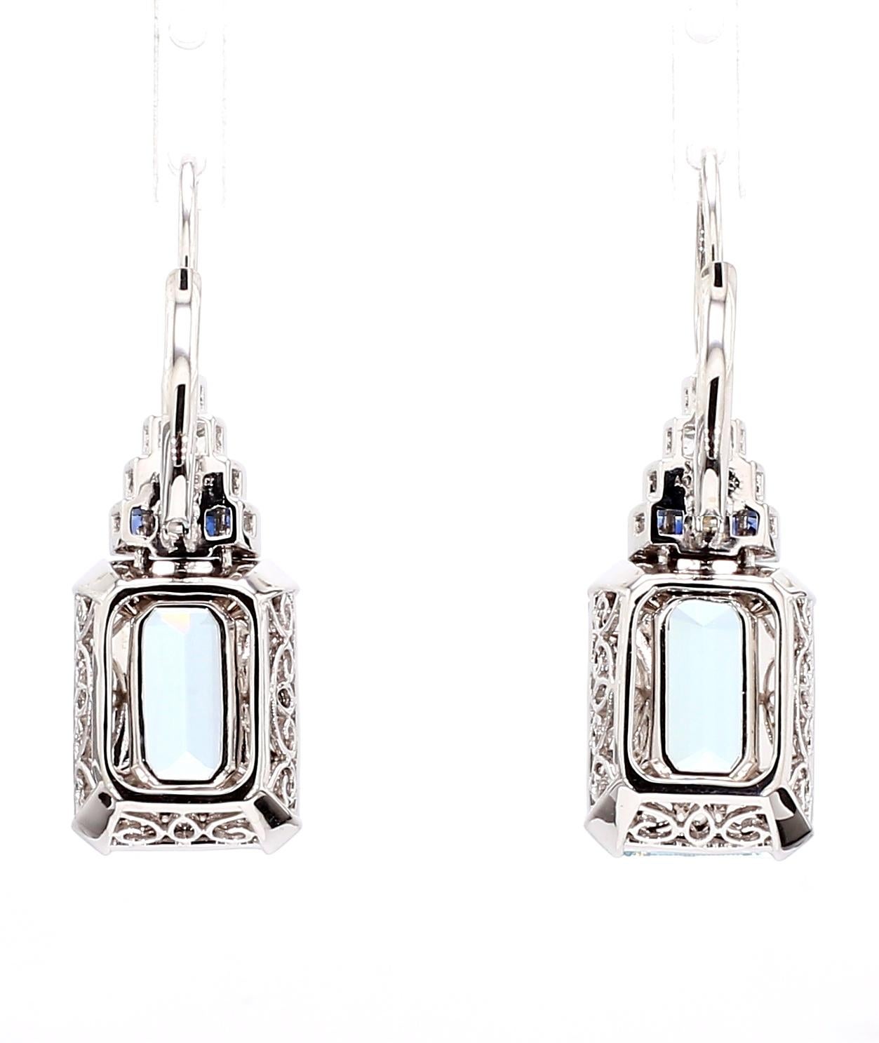 Art Deco Style 17.38 CTS Aquamarine Diamond and Sapphire Earring In New Condition For Sale In New York, NY
