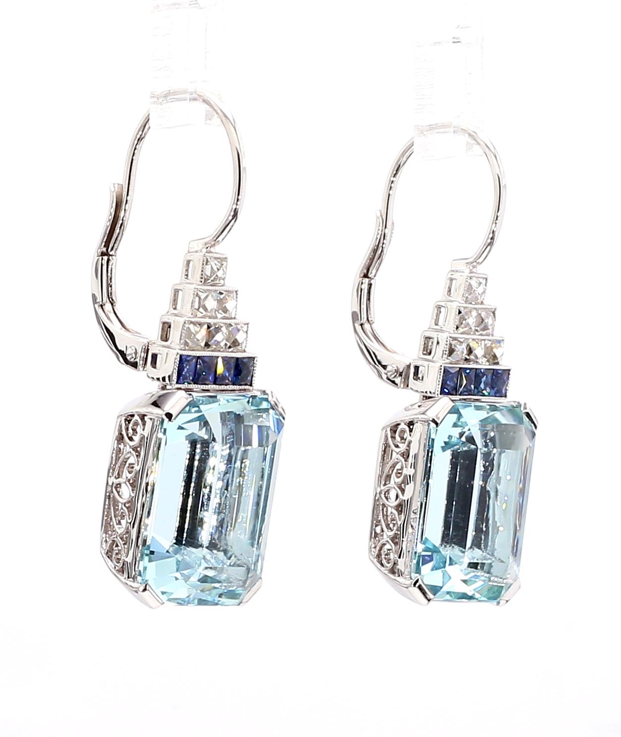 Art Deco Style 17.38 CTS Aquamarine Diamond and Sapphire Earring For Sale 2