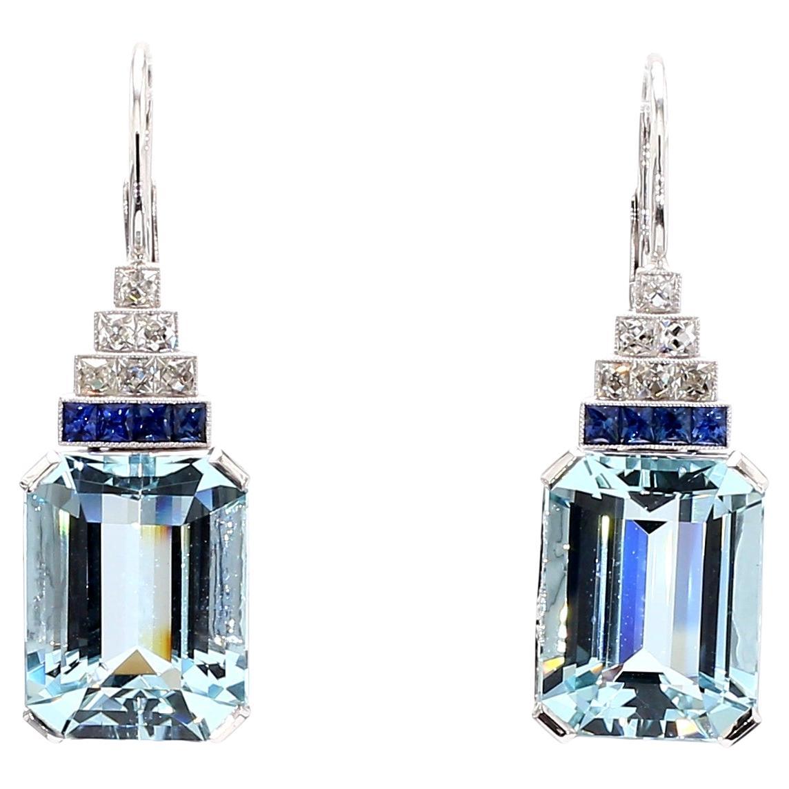 Art Deco Style 17.38 CTS Aquamarine Diamond and Sapphire Earring For Sale