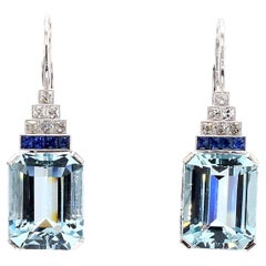 Orecchino con diamante e zaffiro in stile Art Deco con 17,38 CTS di acquamarina