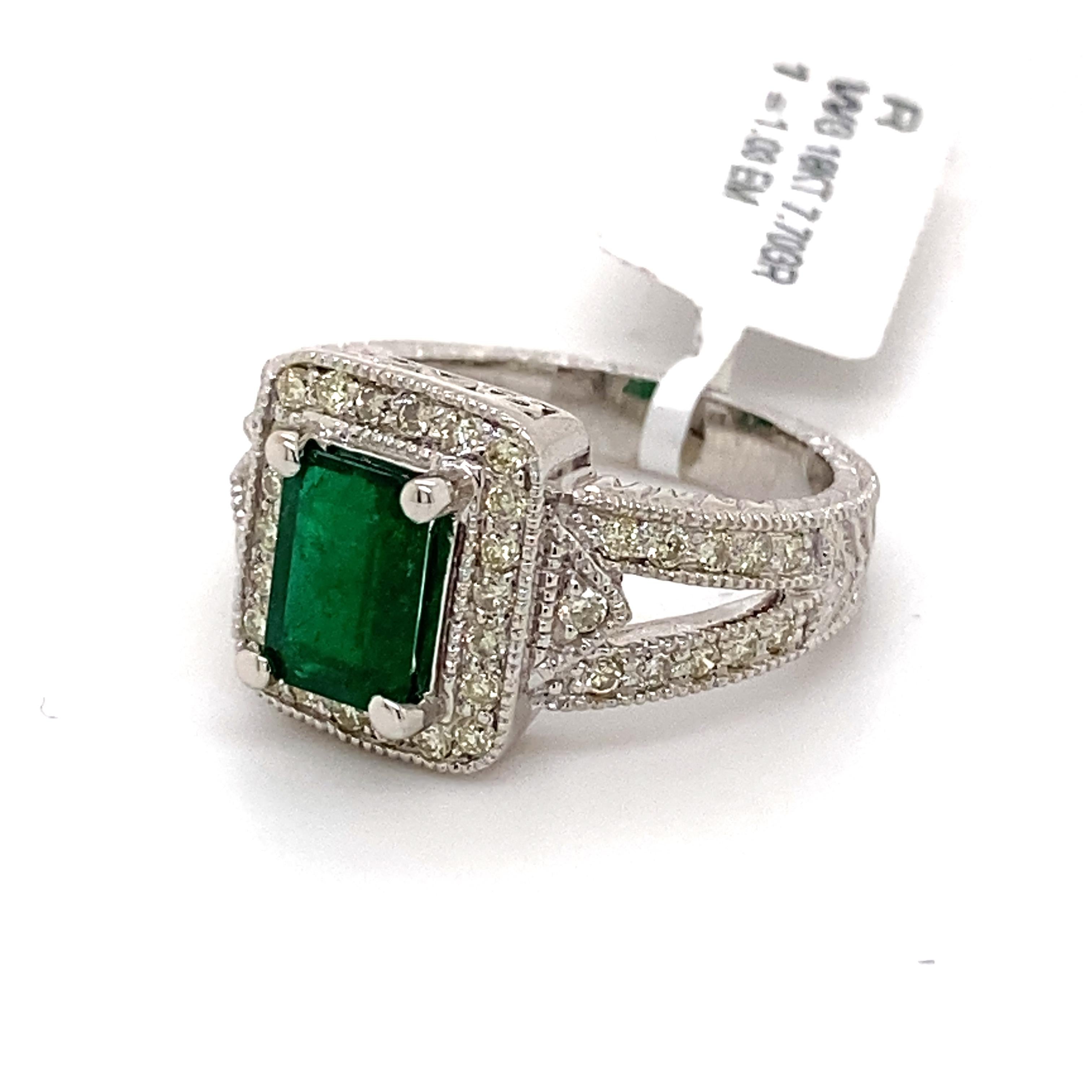 Emerald Cut Art Deco Style 1.73ctt Emerald with Diamond Halo Ring 18k White Gold For Sale