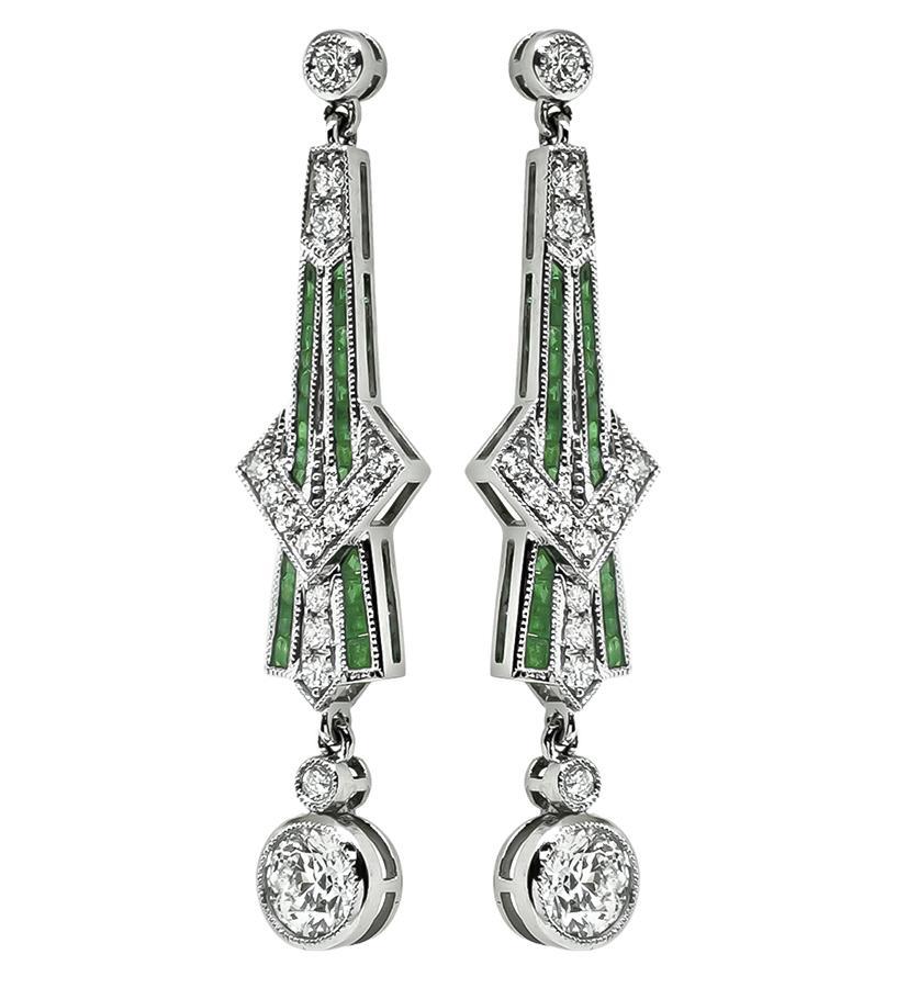 Art Déco Orecchini a goccia in stile Art Deco con diamante da 1,73 carati e smeraldo da 0,65 carati in vendita