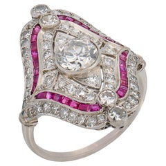 Bague en platine de style Art Déco 1,75 carat diamant rubis