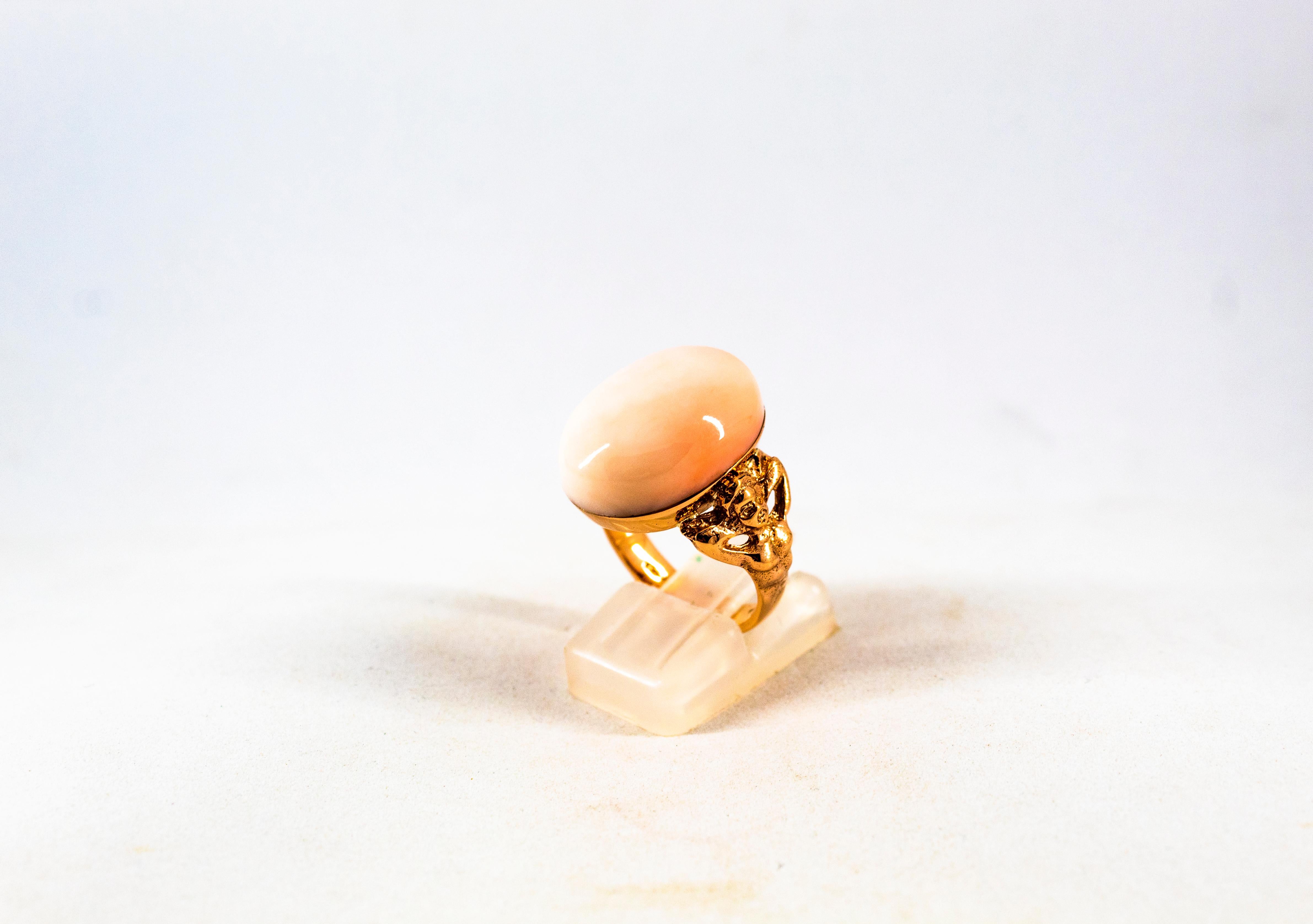 Women's or Men's Art Deco Style 17.50 Carat Pink Cabochon Cut Coral Yellow Gold Cocktail Ring