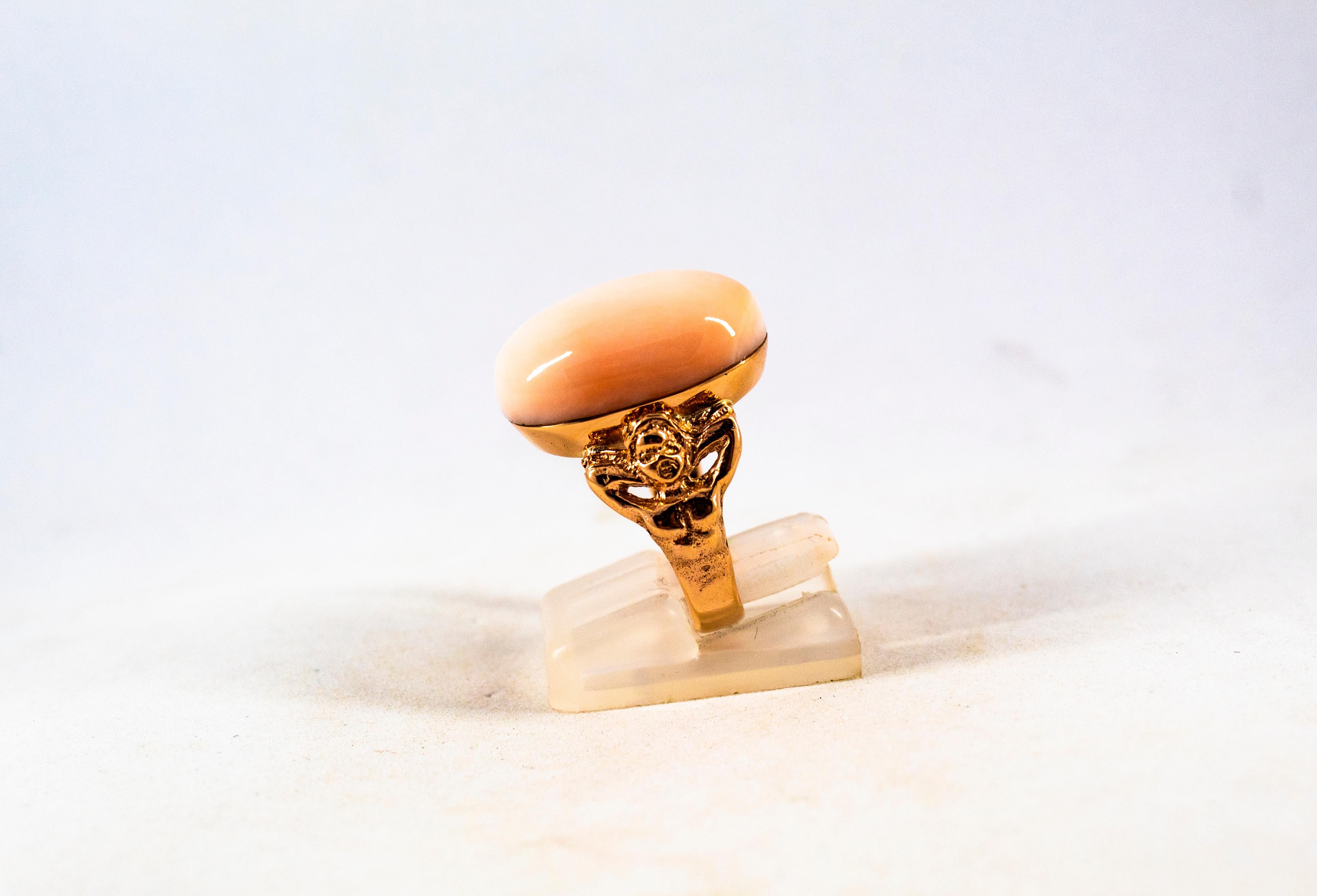 Art Deco Style 17.50 Carat Pink Cabochon Cut Coral Yellow Gold Cocktail Ring 1