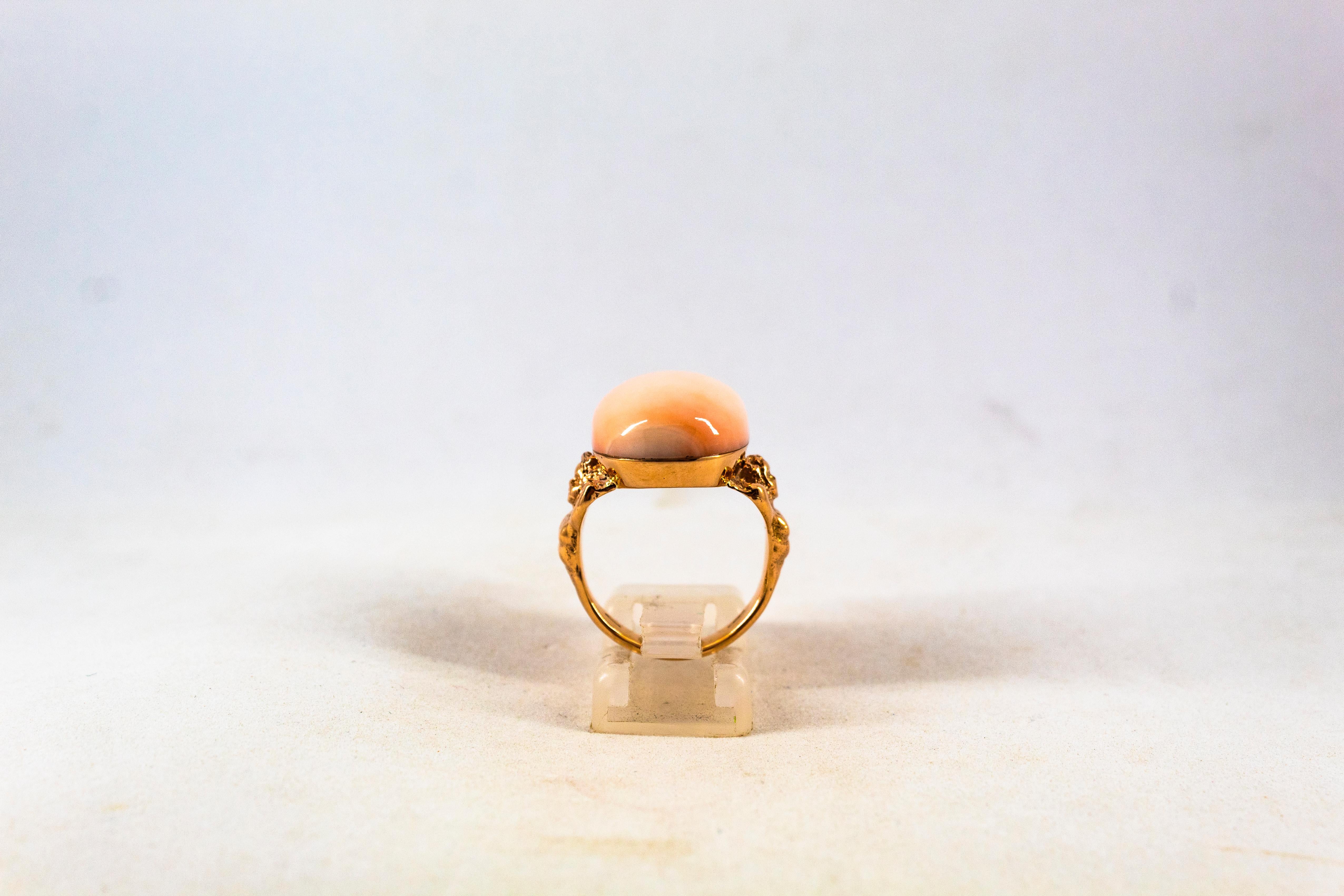 Art Deco Style 17.50 Carat Pink Cabochon Cut Coral Yellow Gold Cocktail Ring 2