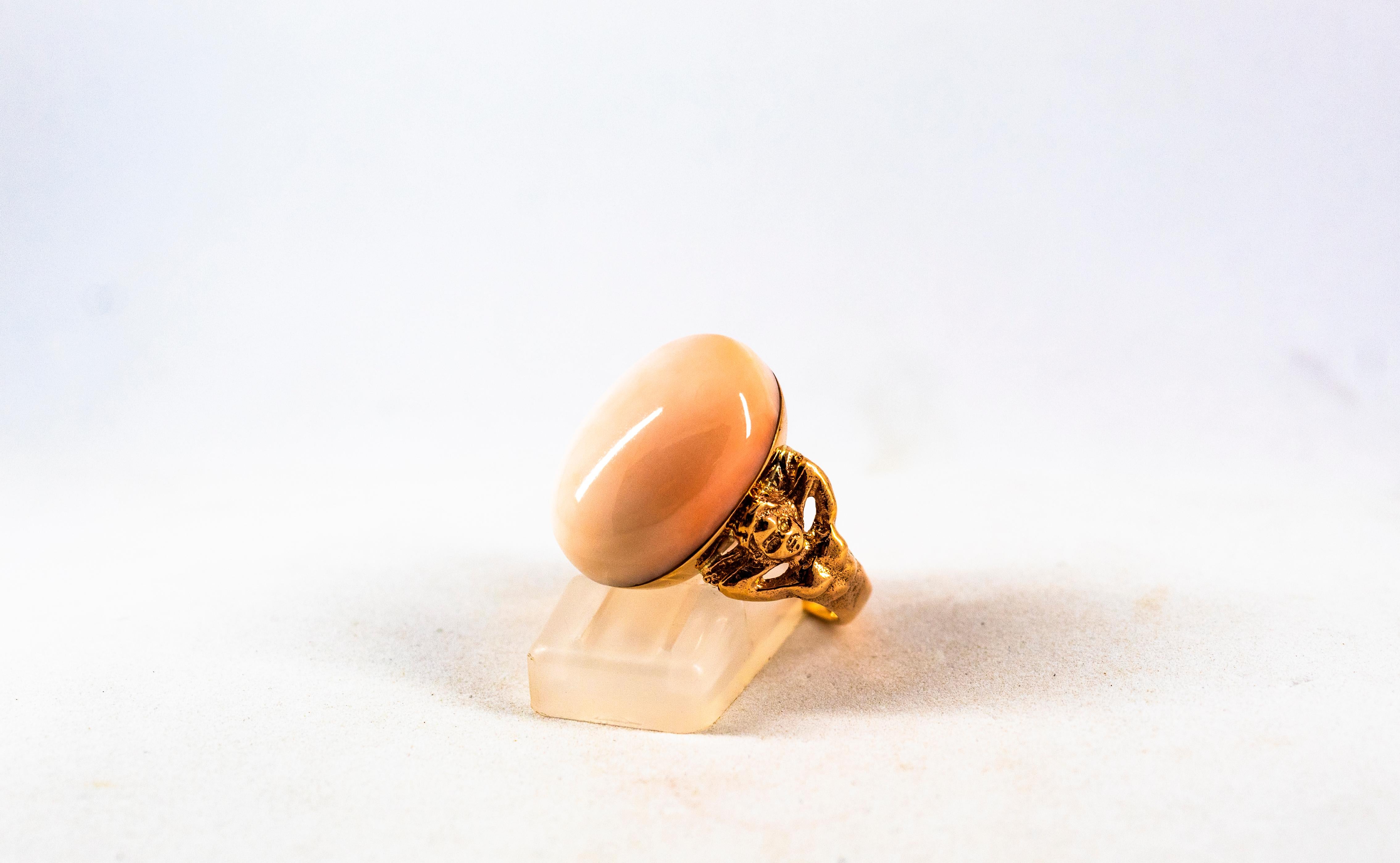 Art Deco Style 17.50 Carat Pink Cabochon Cut Coral Yellow Gold Cocktail Ring For Sale 5